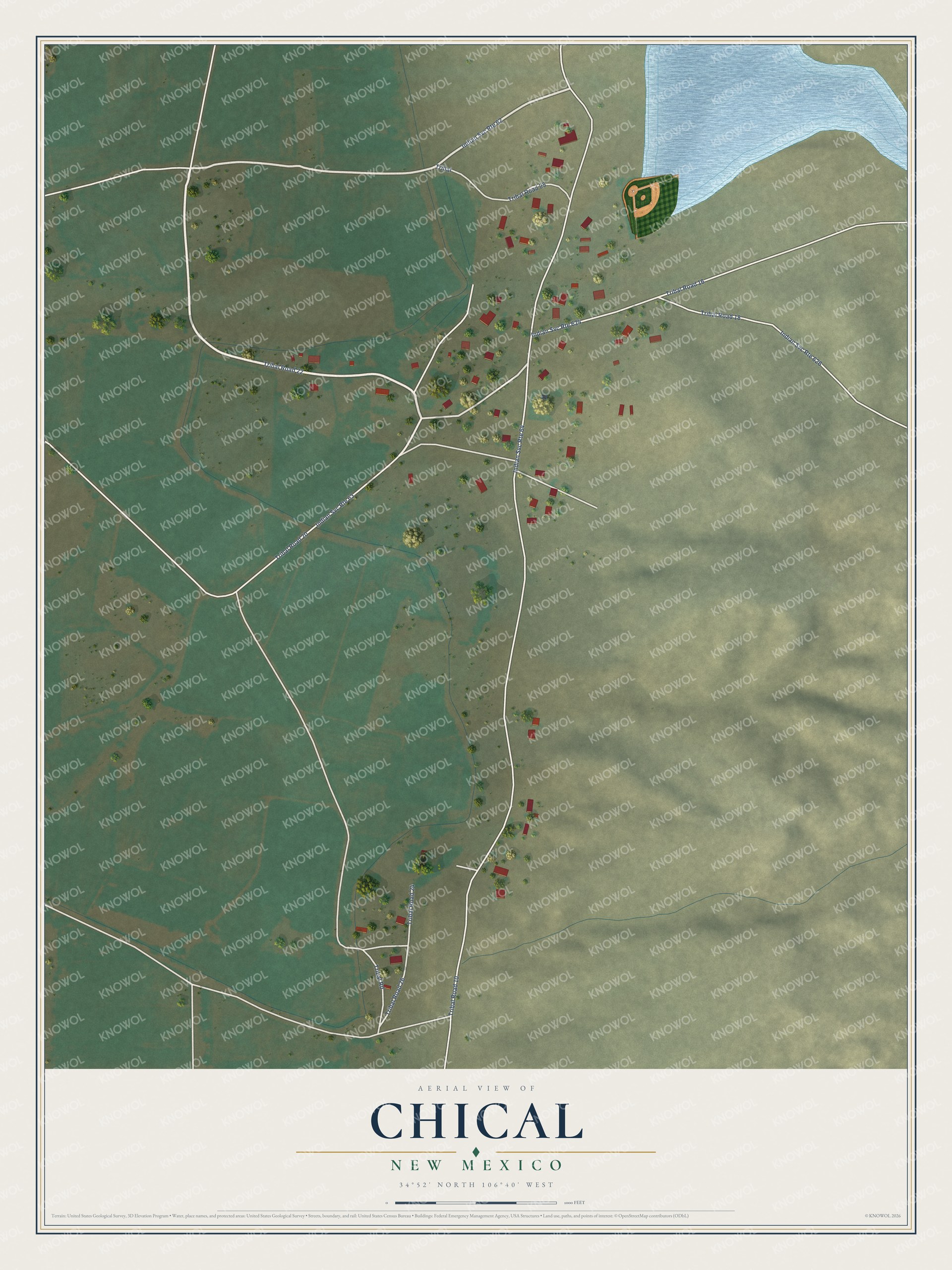 Full map of Chical, New Mexico, with red buildings, printed street names and the land around them