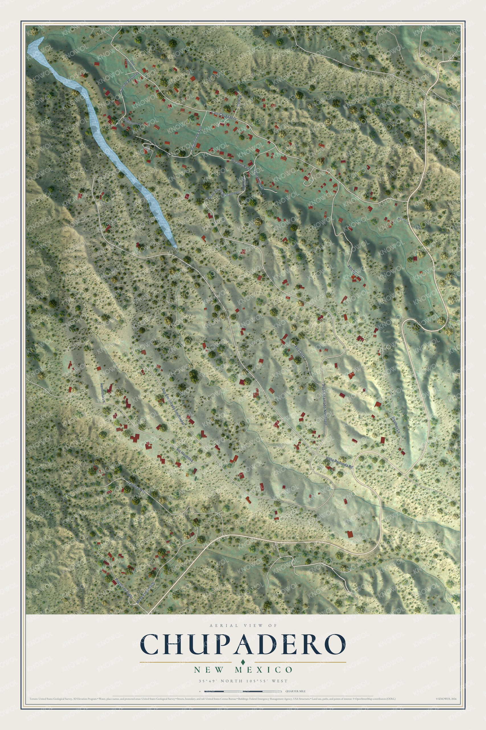 Full map of Chupadero, New Mexico, with red buildings, printed street names and the land around them