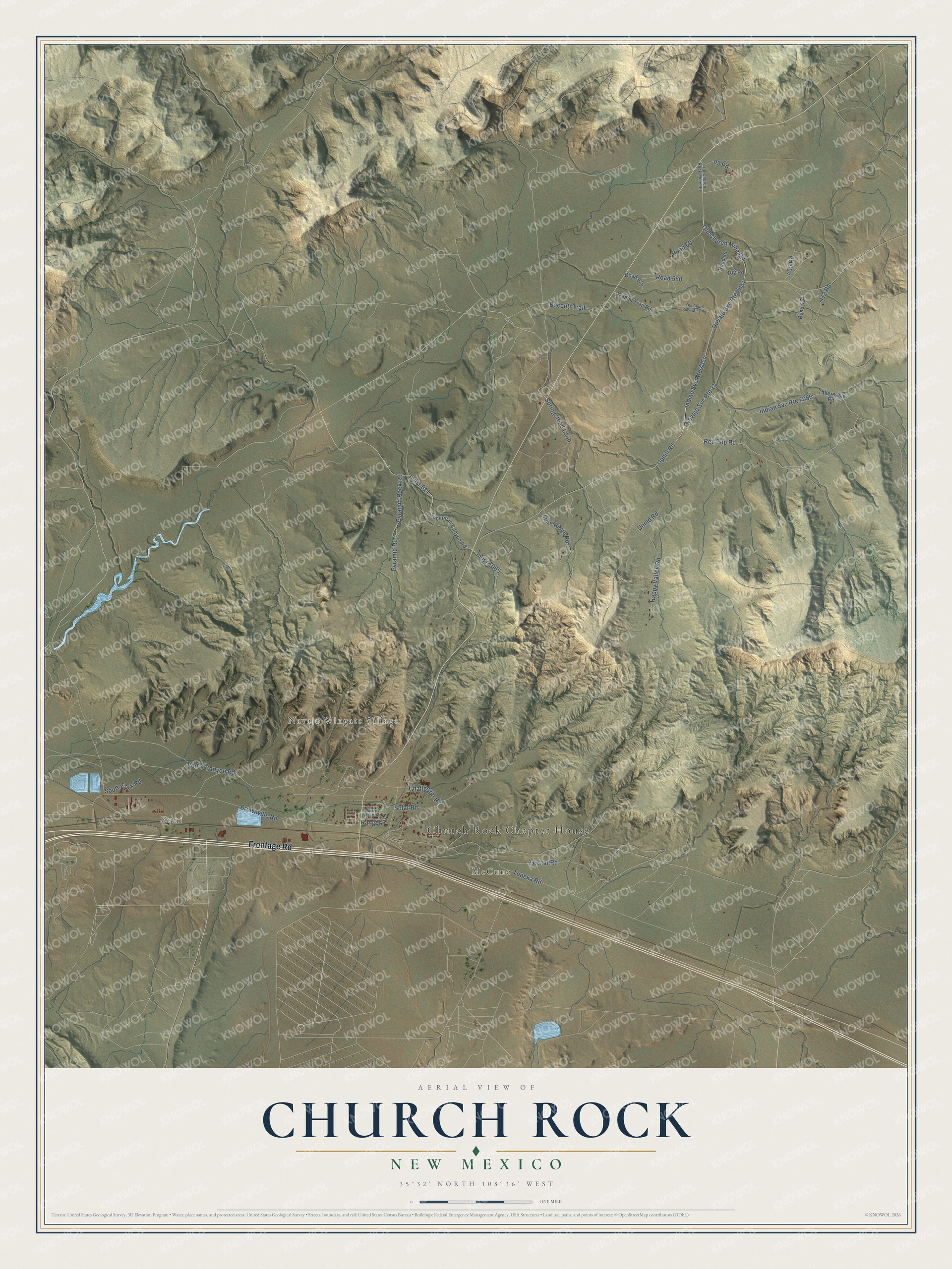 Full map of Church Rock, New Mexico, with red buildings, printed street names and the land around them