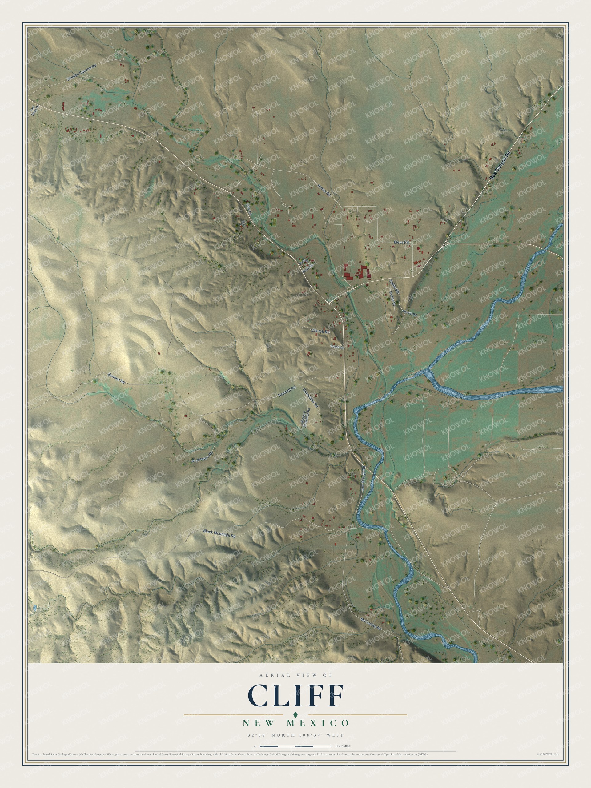 Full map of Cliff, New Mexico, with red buildings, printed street names and the land around them