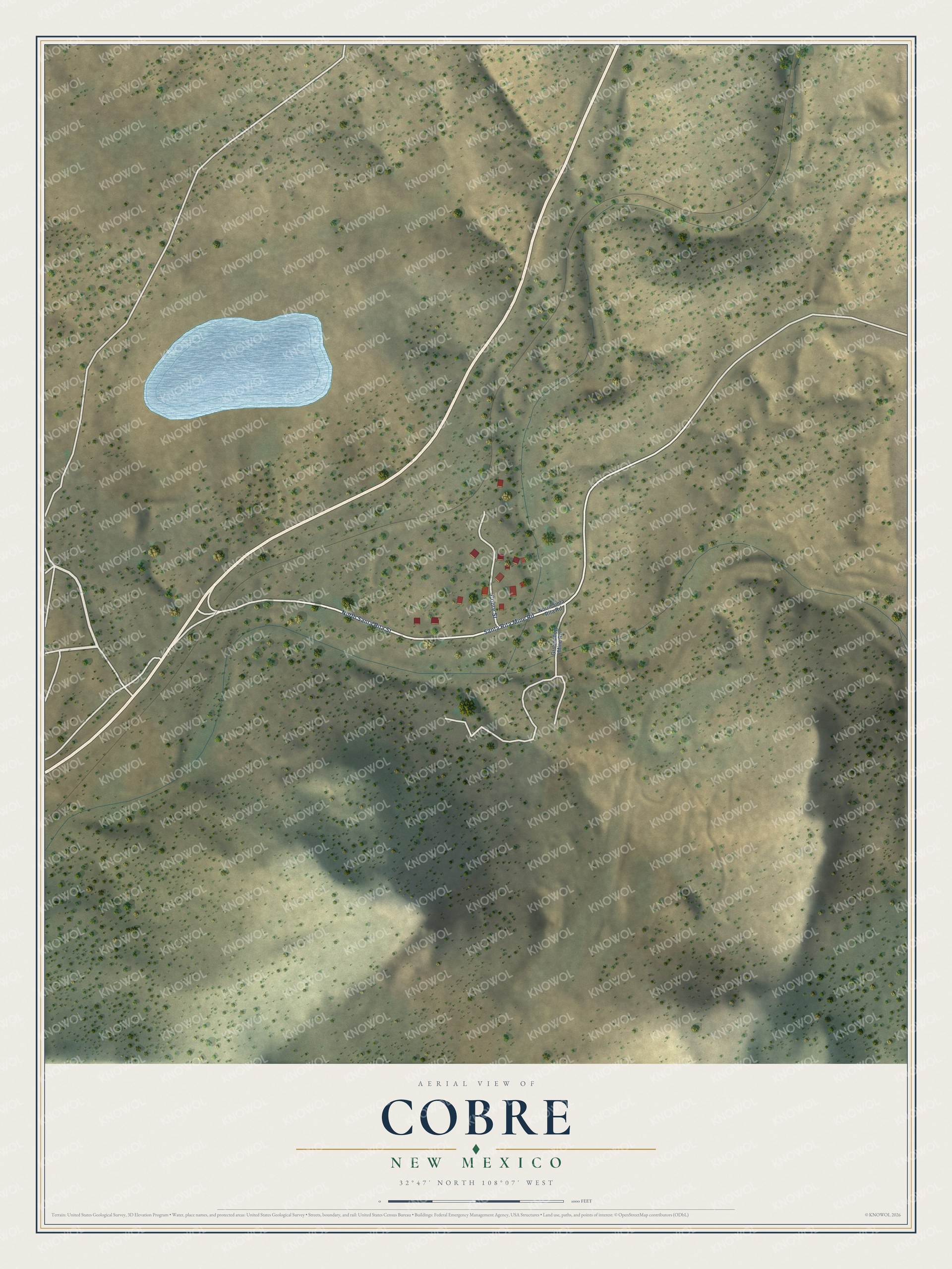 Full map of Cobre, New Mexico, with red buildings, printed street names and the land around them