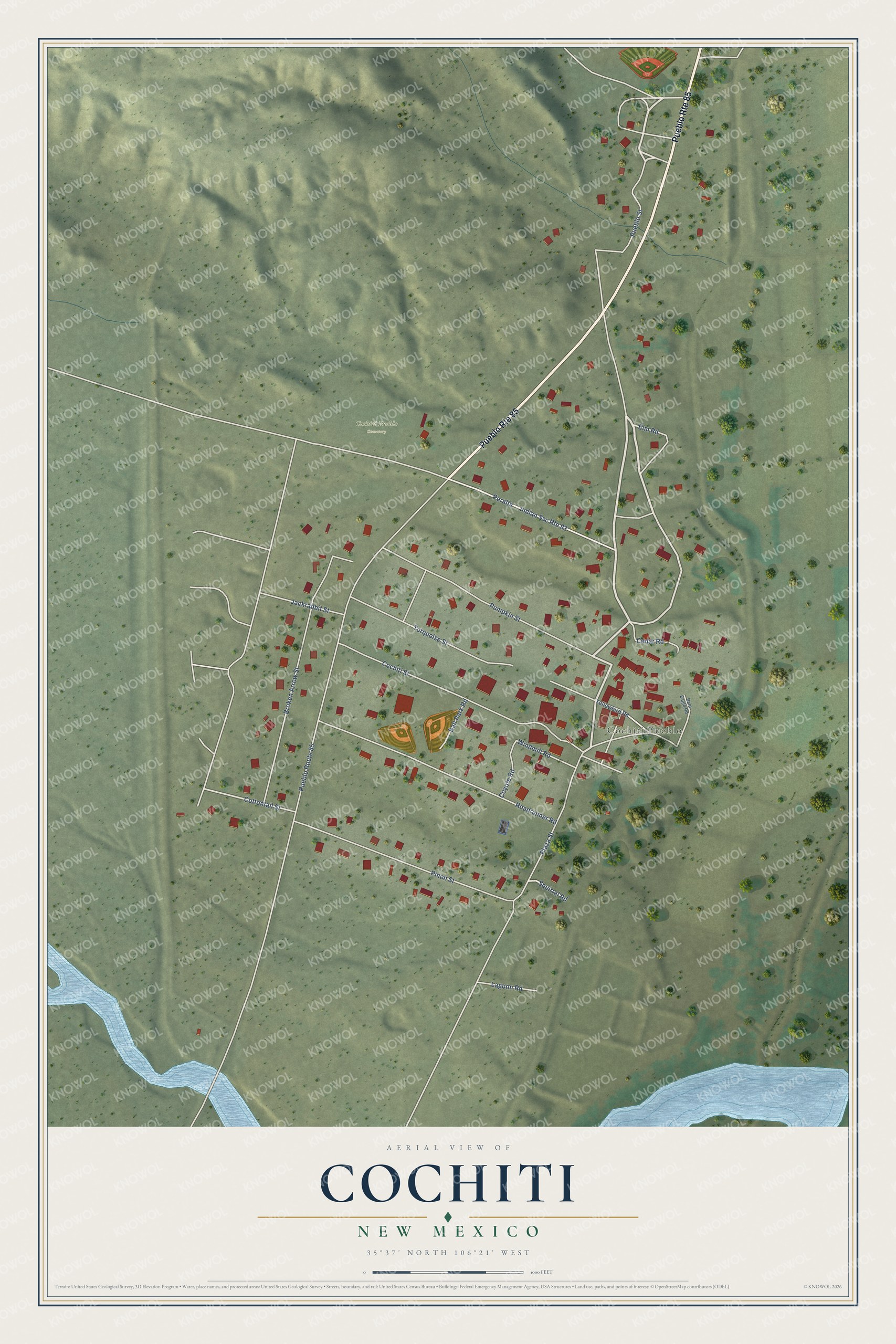Full map of Cochiti, New Mexico, with red buildings, printed street names and the land around them