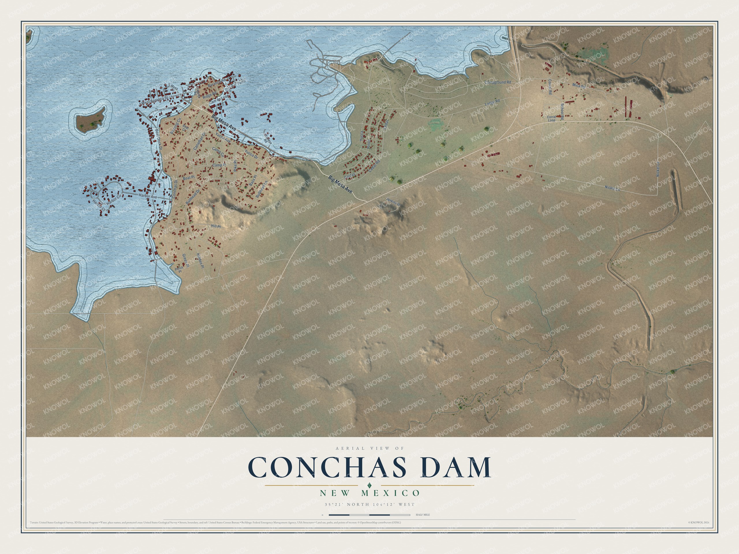 Full map of Conchas Dam, New Mexico, with red buildings, printed street names and the land around them