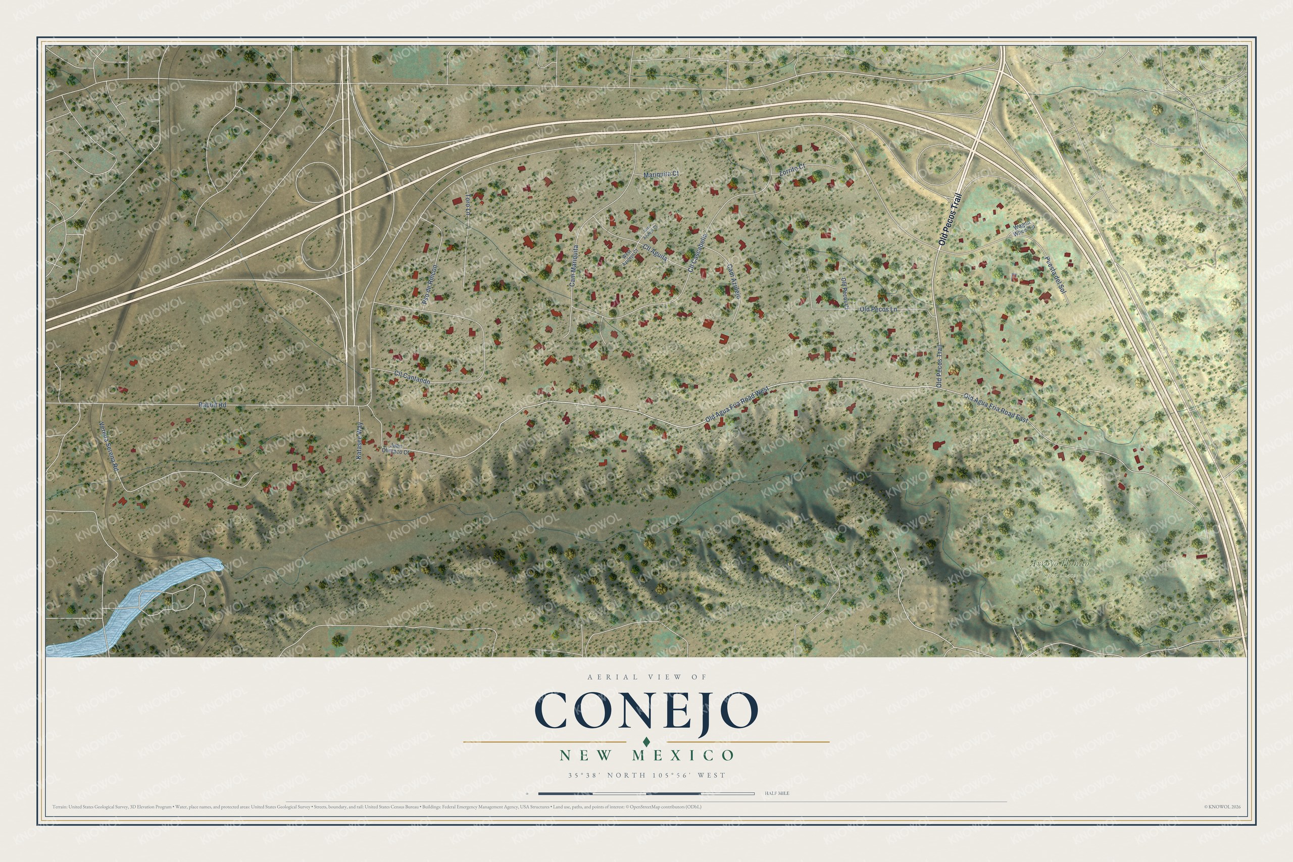 Full map of Conejo, New Mexico, with red buildings, printed street names and the land around them