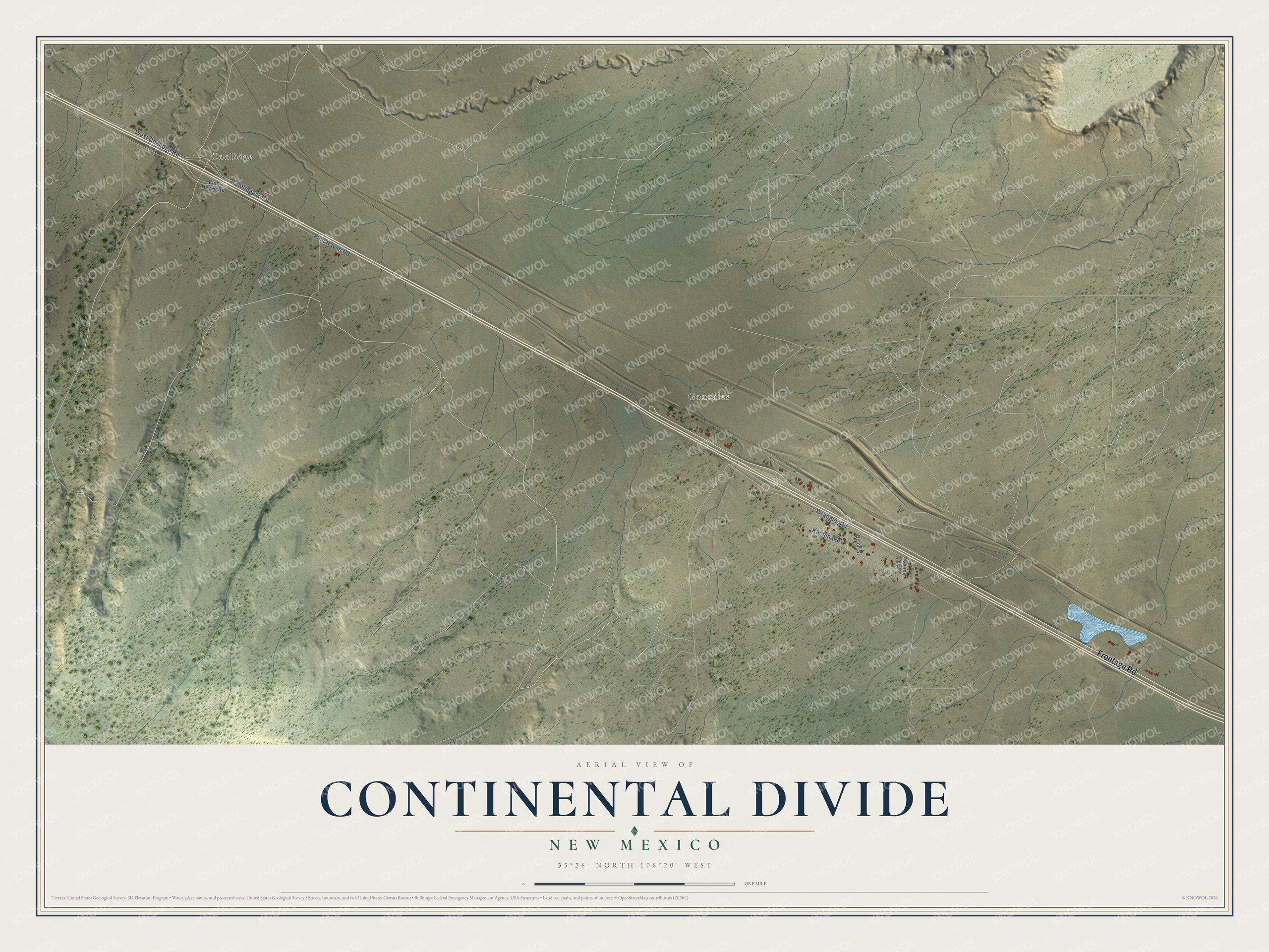 Full map of Continental Divide, New Mexico, with red buildings, printed street names and the land around them