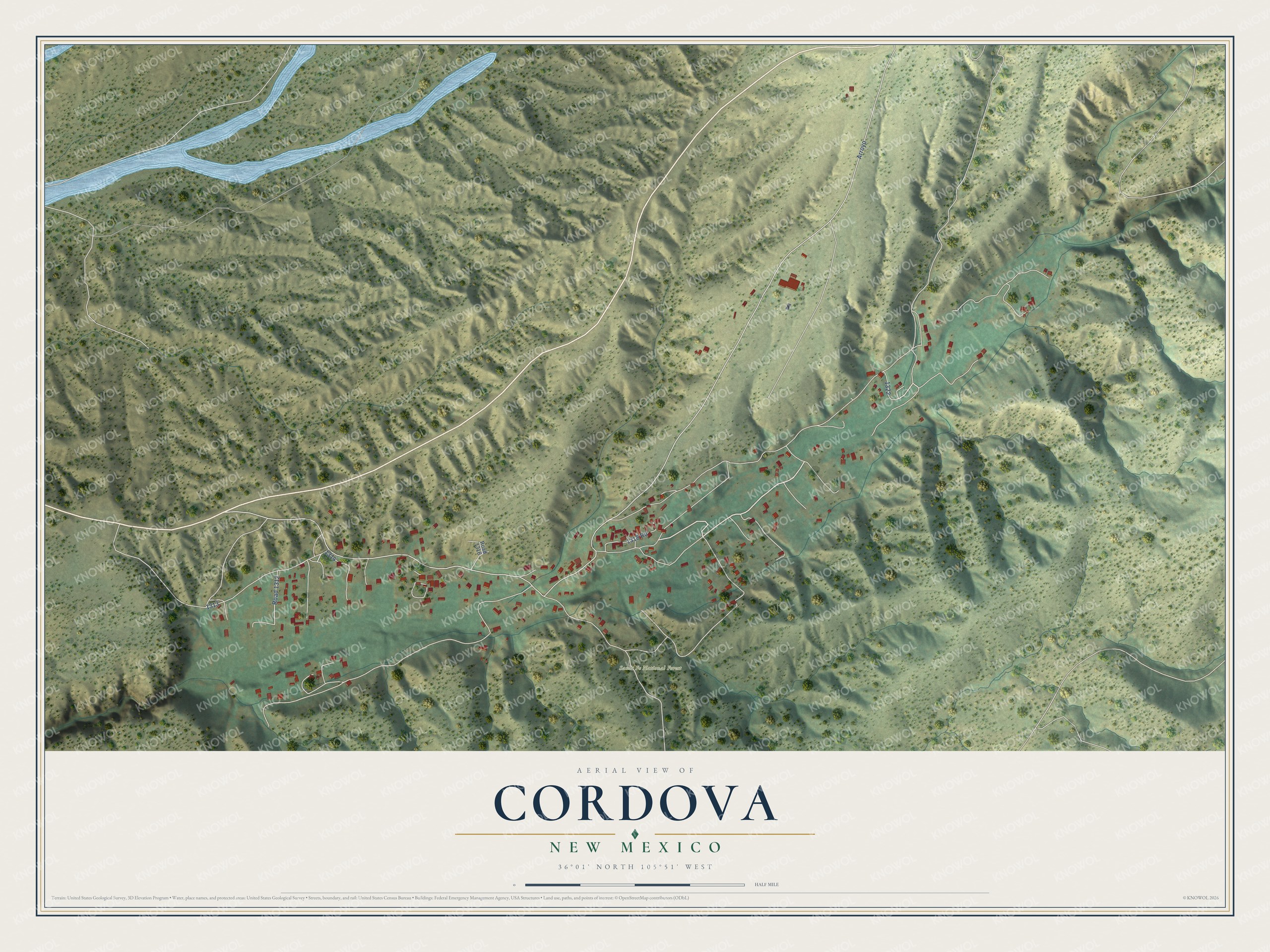 Full map of Cordova, New Mexico, with red buildings, printed street names and the land around them