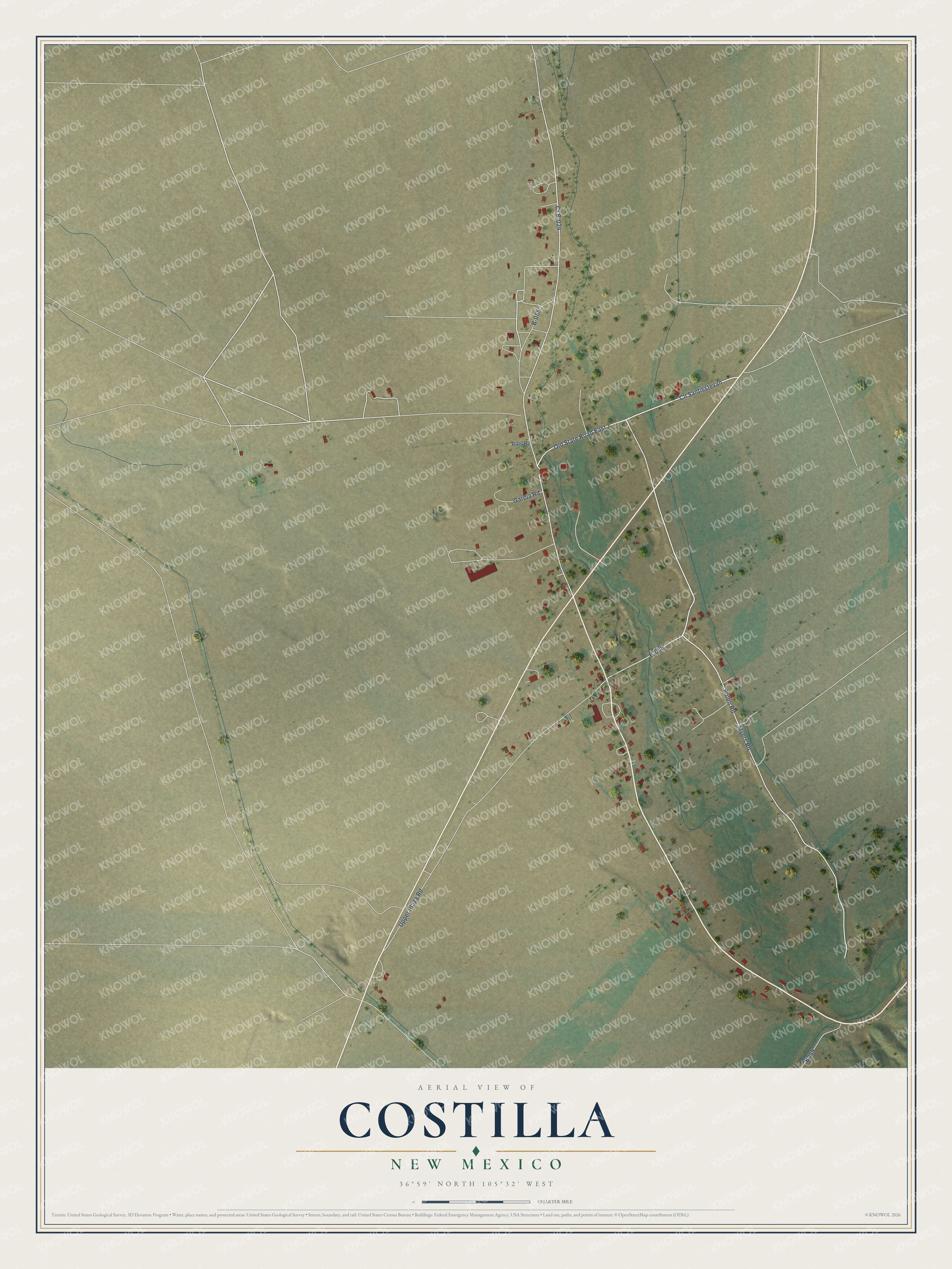 Full map of Costilla, New Mexico, with red buildings, printed street names and the land around them