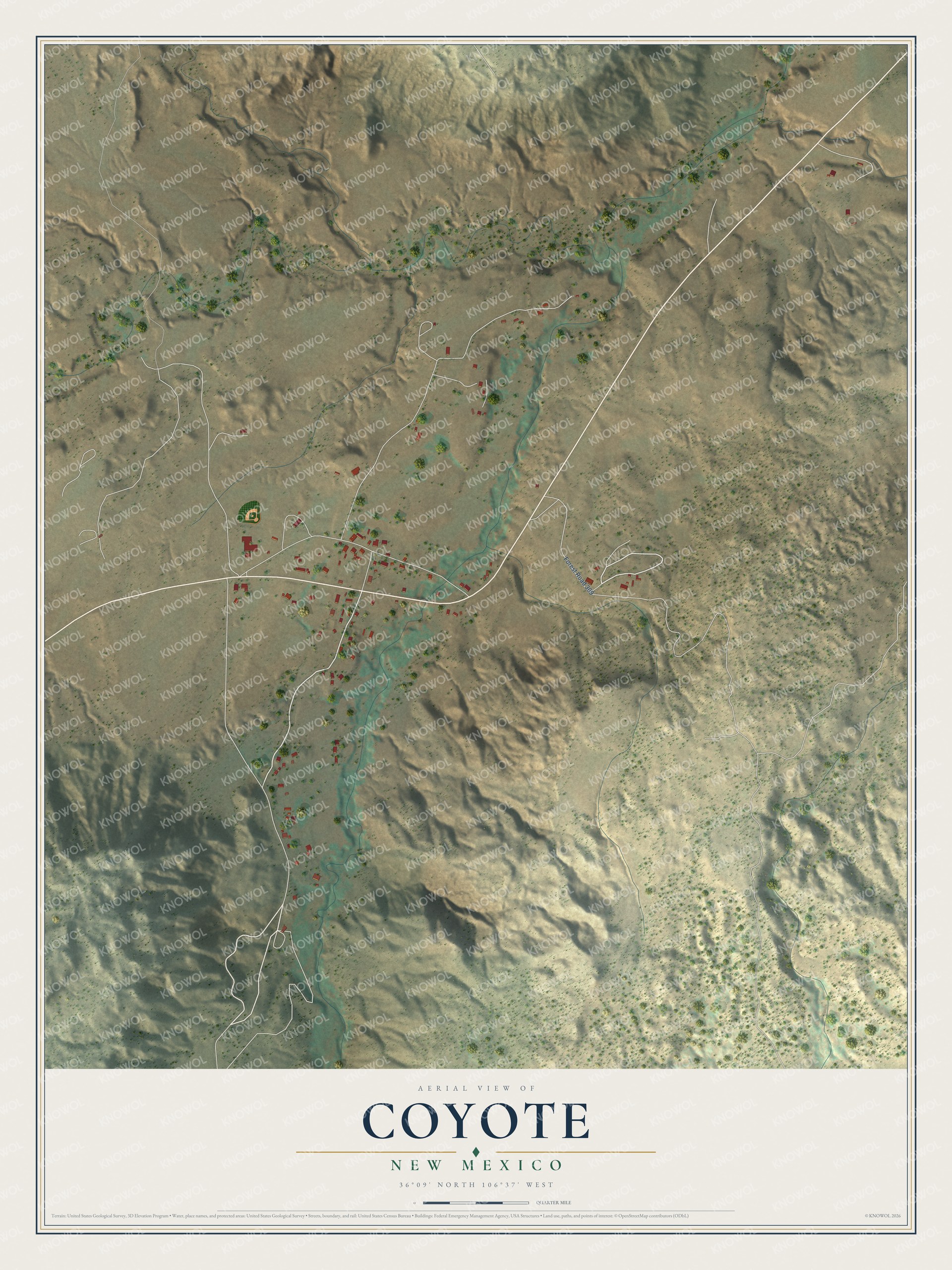 Full map of Coyote, New Mexico, with red buildings, printed street names and the land around them