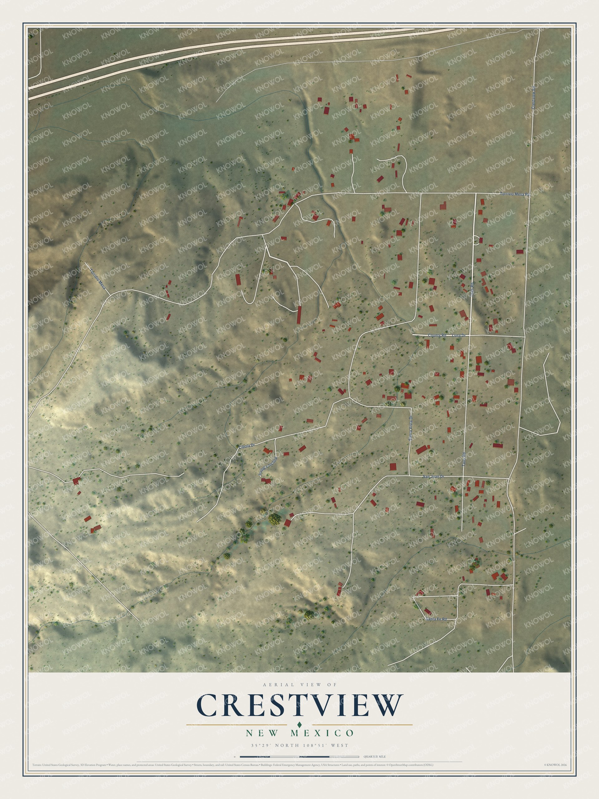 Full map of Crestview, New Mexico, with red buildings, printed street names and the land around them