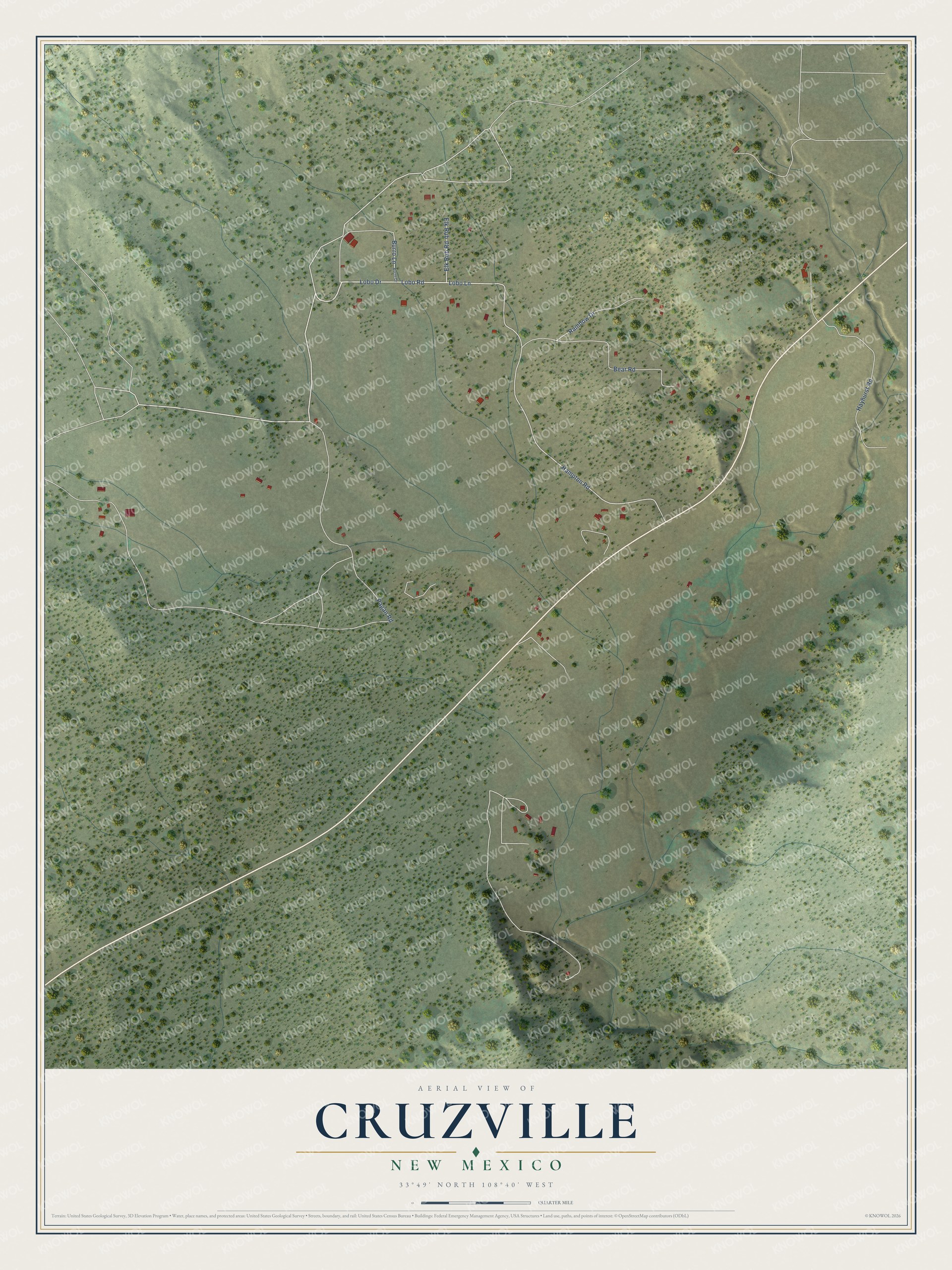Full map of Cruzville, New Mexico, with red buildings, printed street names and the land around them