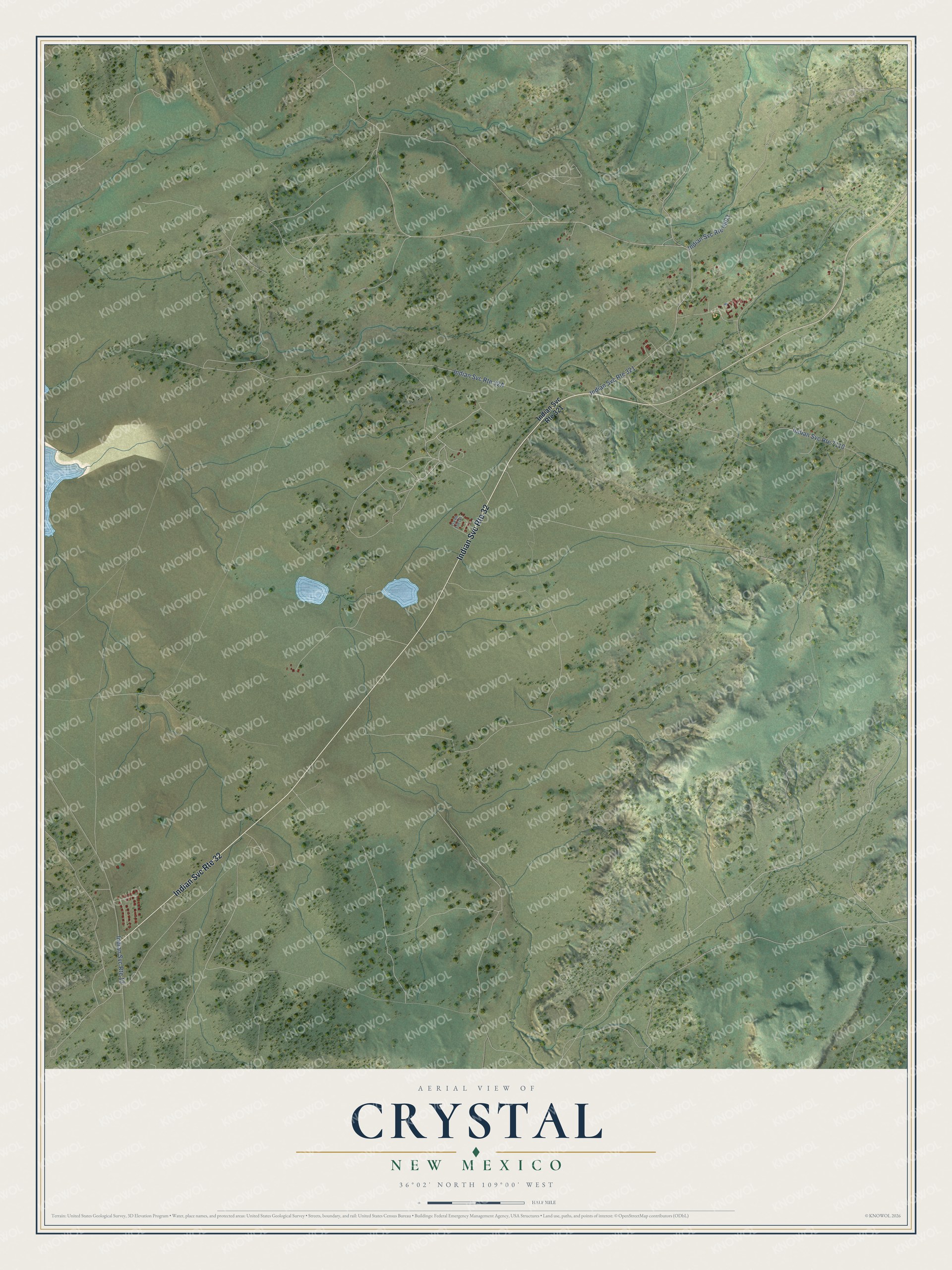 Full map of Crystal, New Mexico, with red buildings, printed street names and the land around them