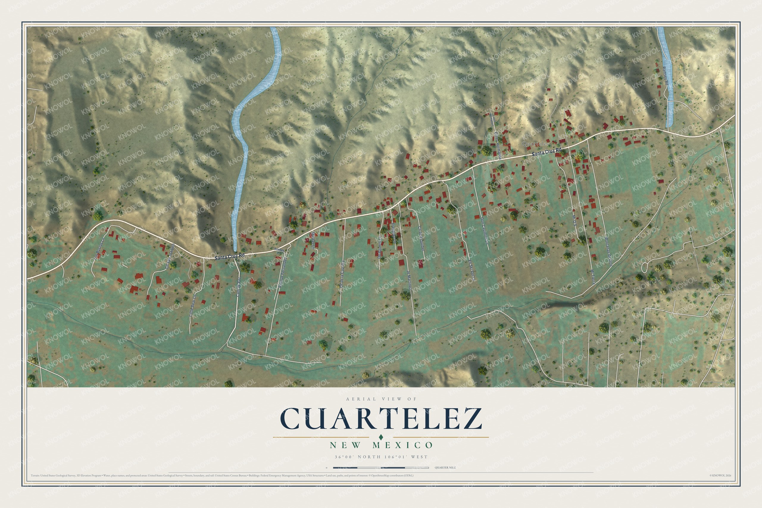 Full map of Cuartelez, New Mexico, with red buildings, printed street names and the land around them