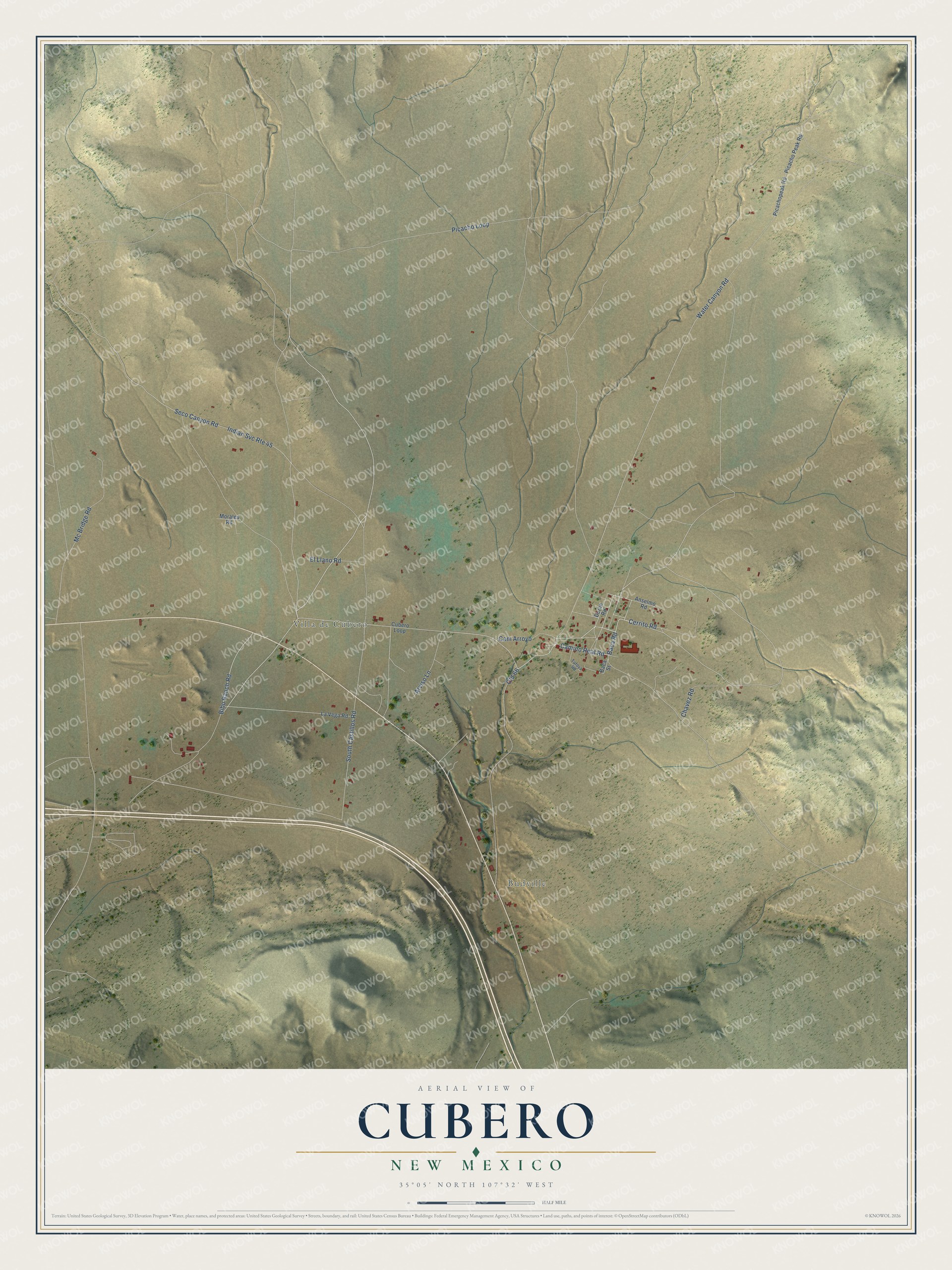 Full map of Cubero, New Mexico, with red buildings, printed street names and the land around them