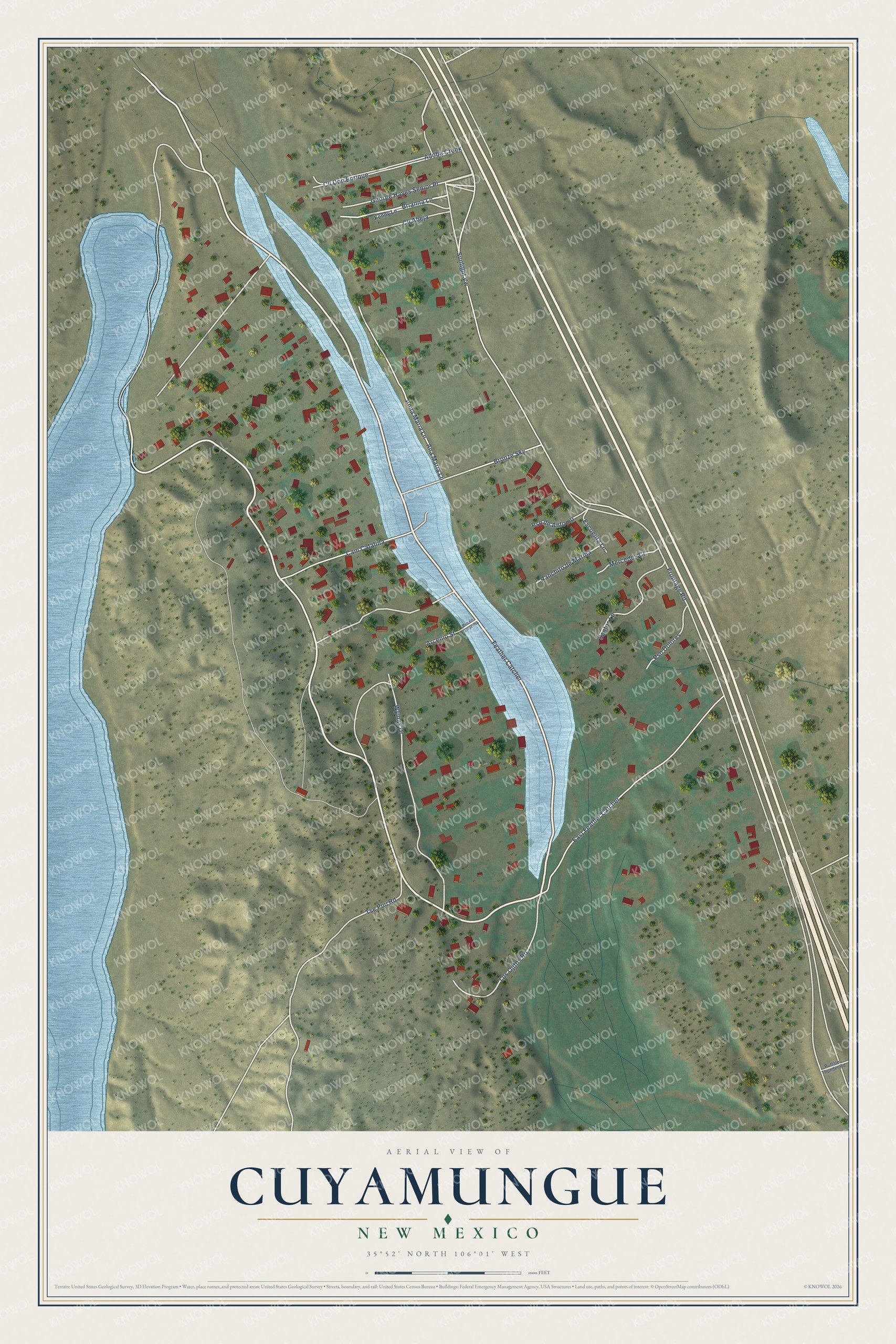 Full map of Cuyamungue, New Mexico, with red buildings, printed street names and the land around them