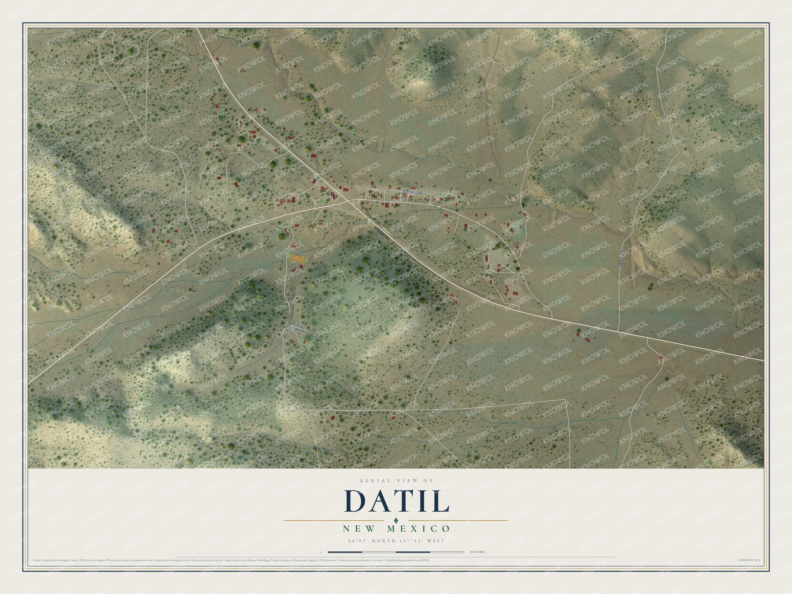Full map of Datil, New Mexico, with red buildings, printed street names and the land around them