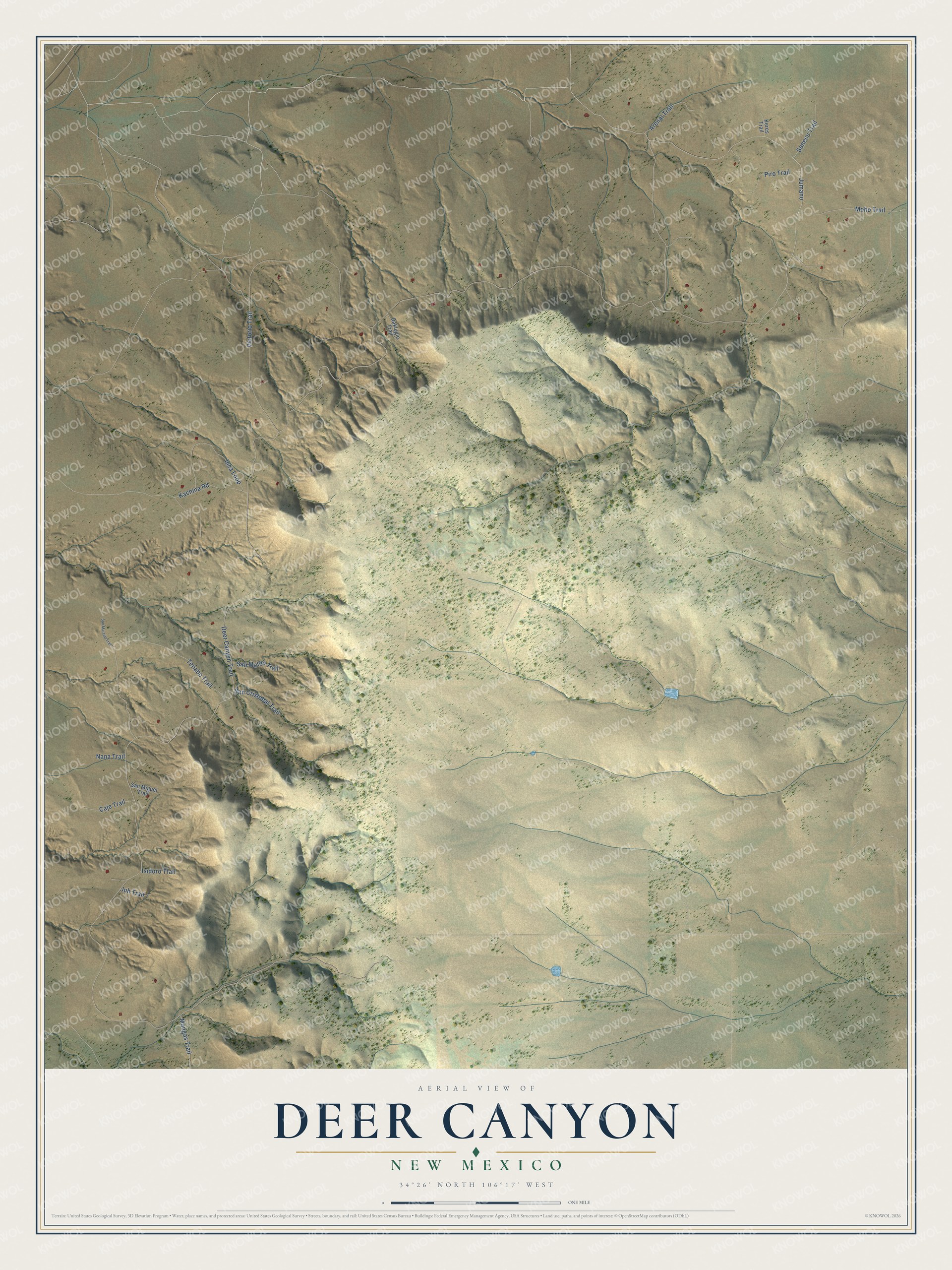 Full map of Deer Canyon, New Mexico, with red buildings, printed street names and the land around them