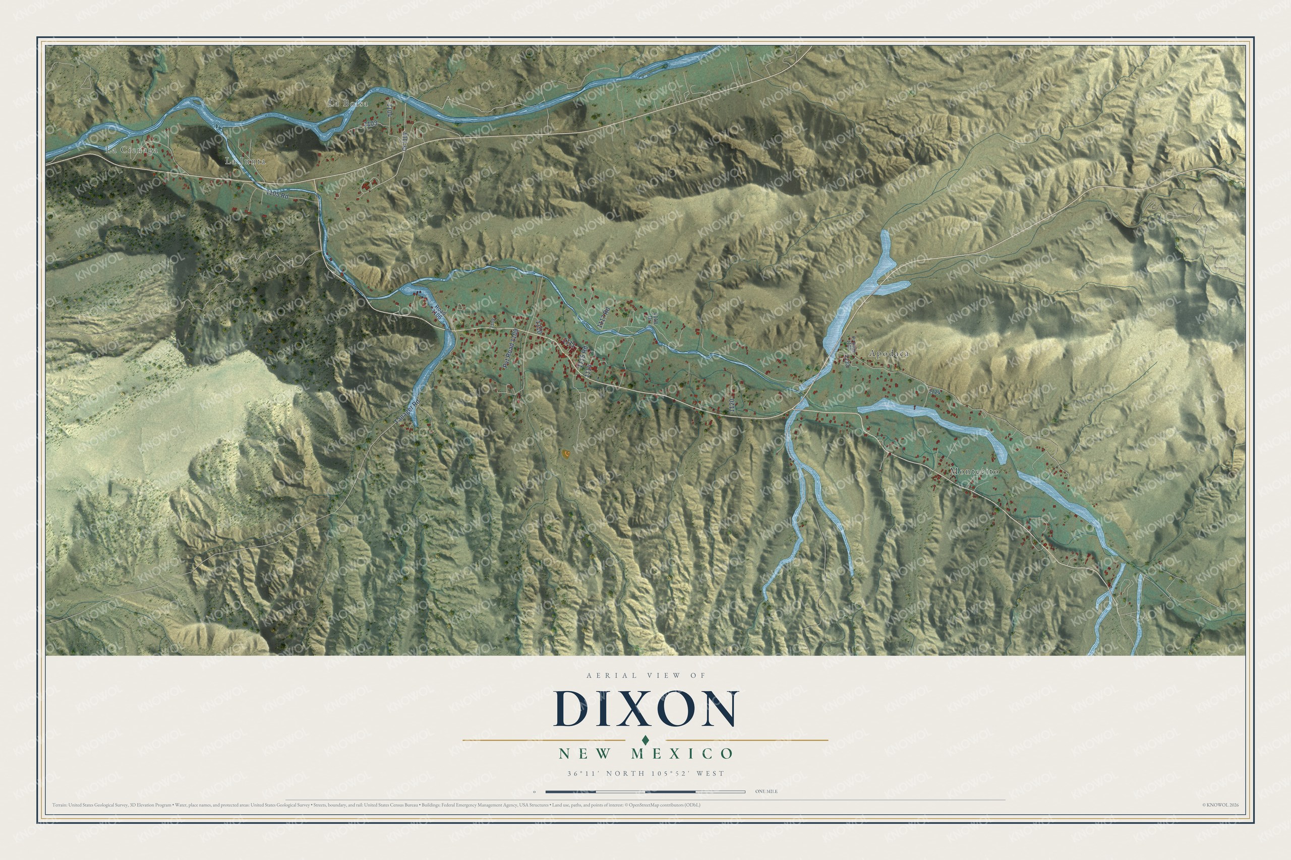 Full map of Dixon, New Mexico, with red buildings, printed street names and the land around them