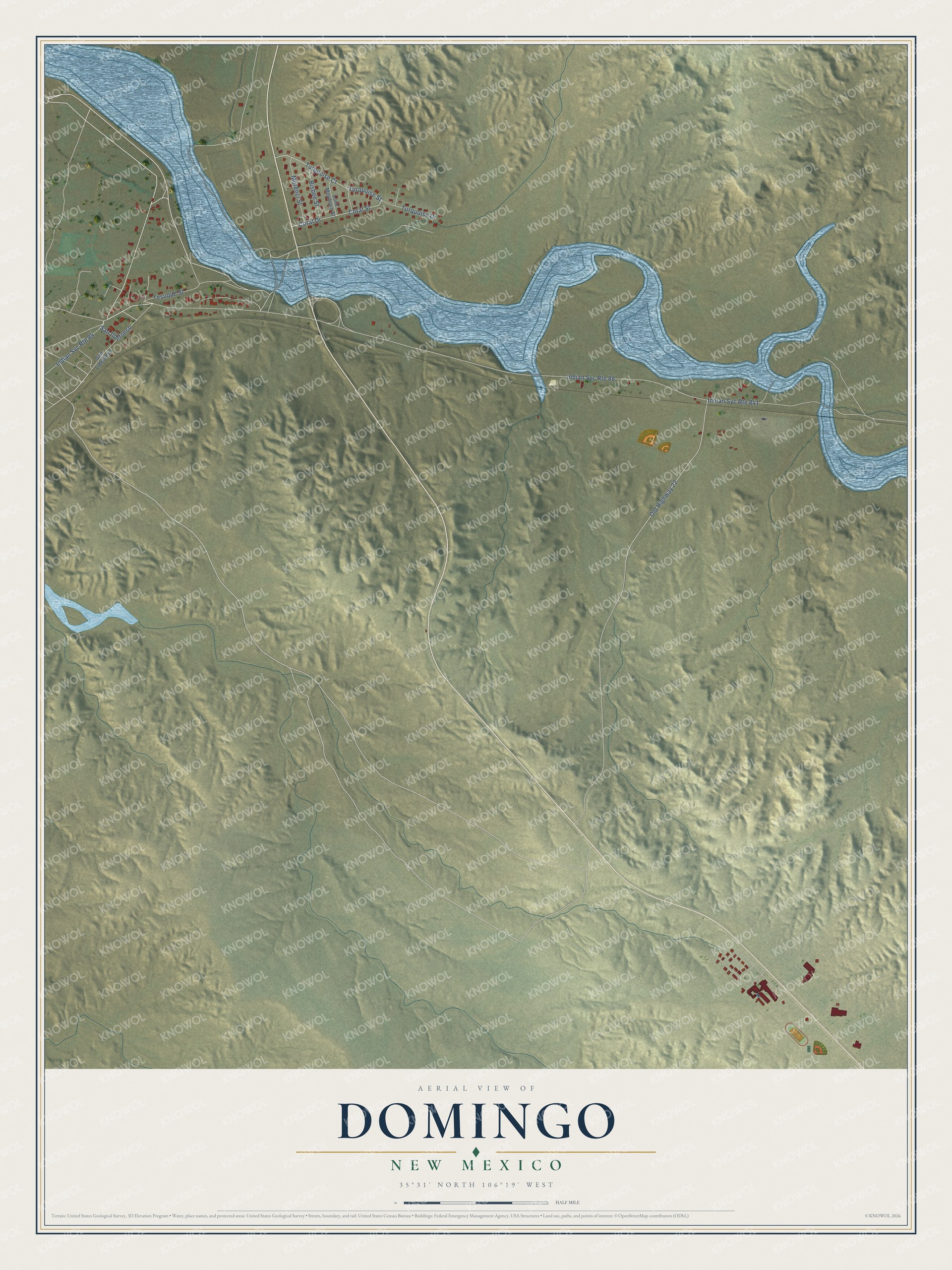 Full map of Domingo, New Mexico, with red buildings, printed street names and the land around them