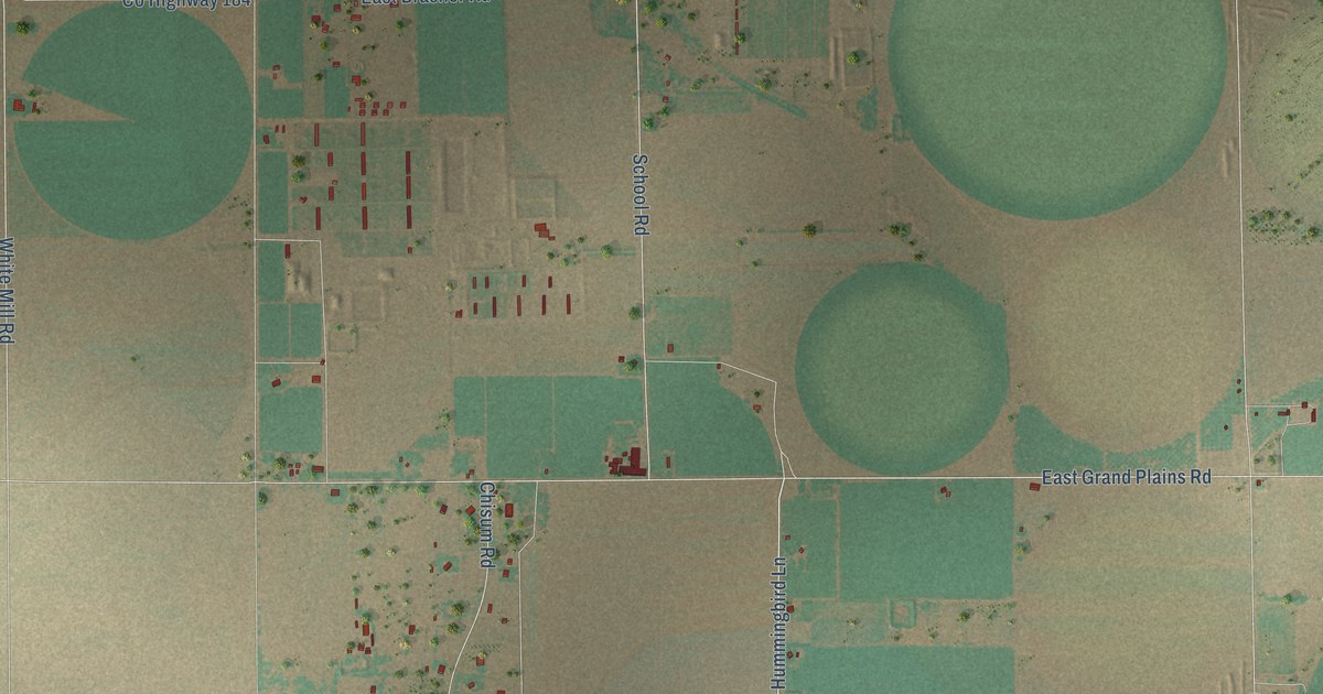 Close-up of streets and buildings in East Grand Plains, New Mexico