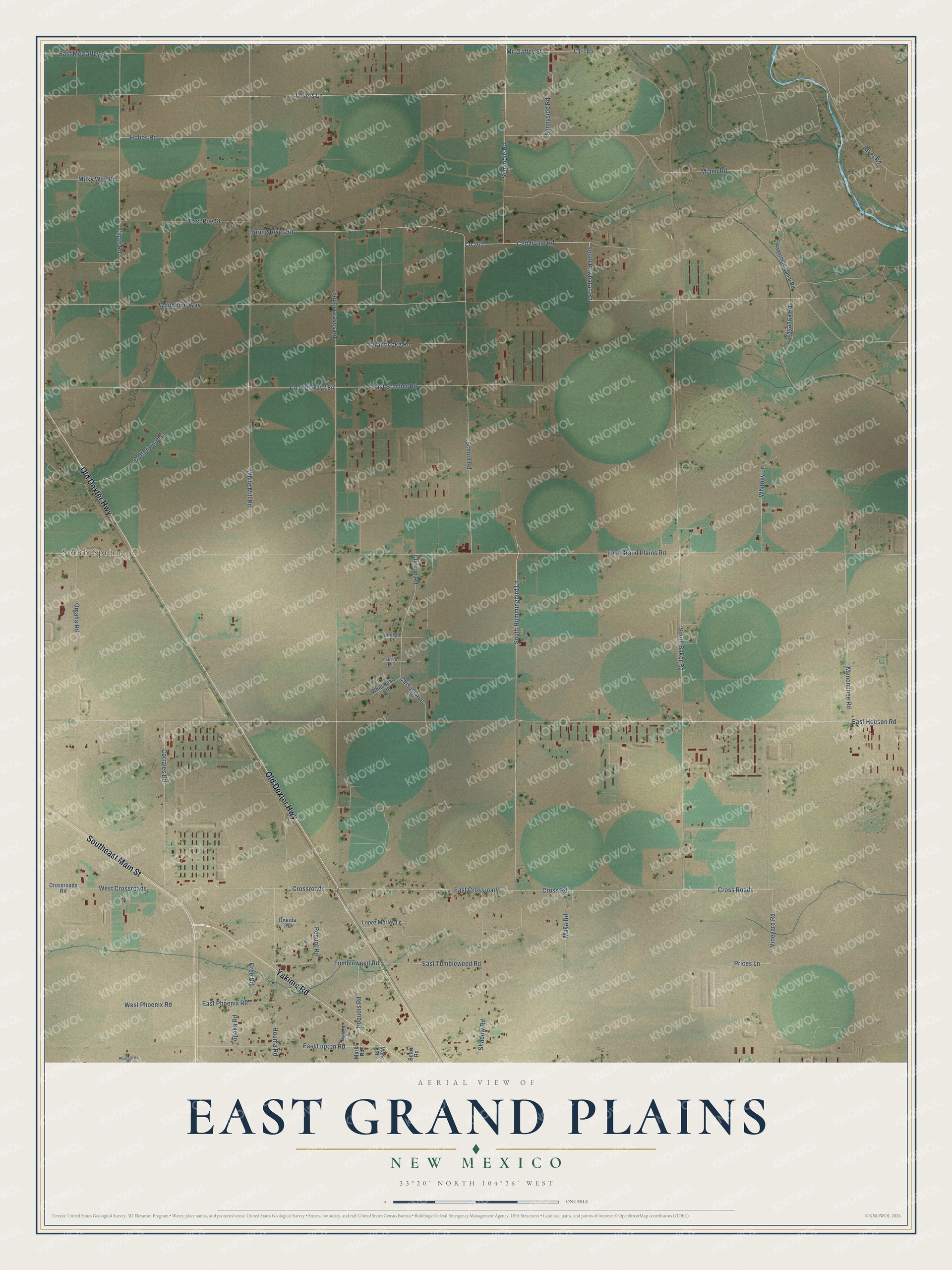 Full map of East Grand Plains, New Mexico, with red buildings, printed street names and the land around them