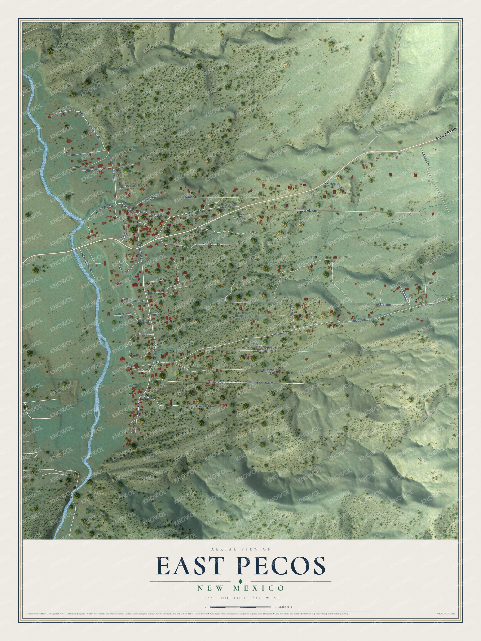 Full map of East Pecos, New Mexico, with red buildings, printed street names and the land around them