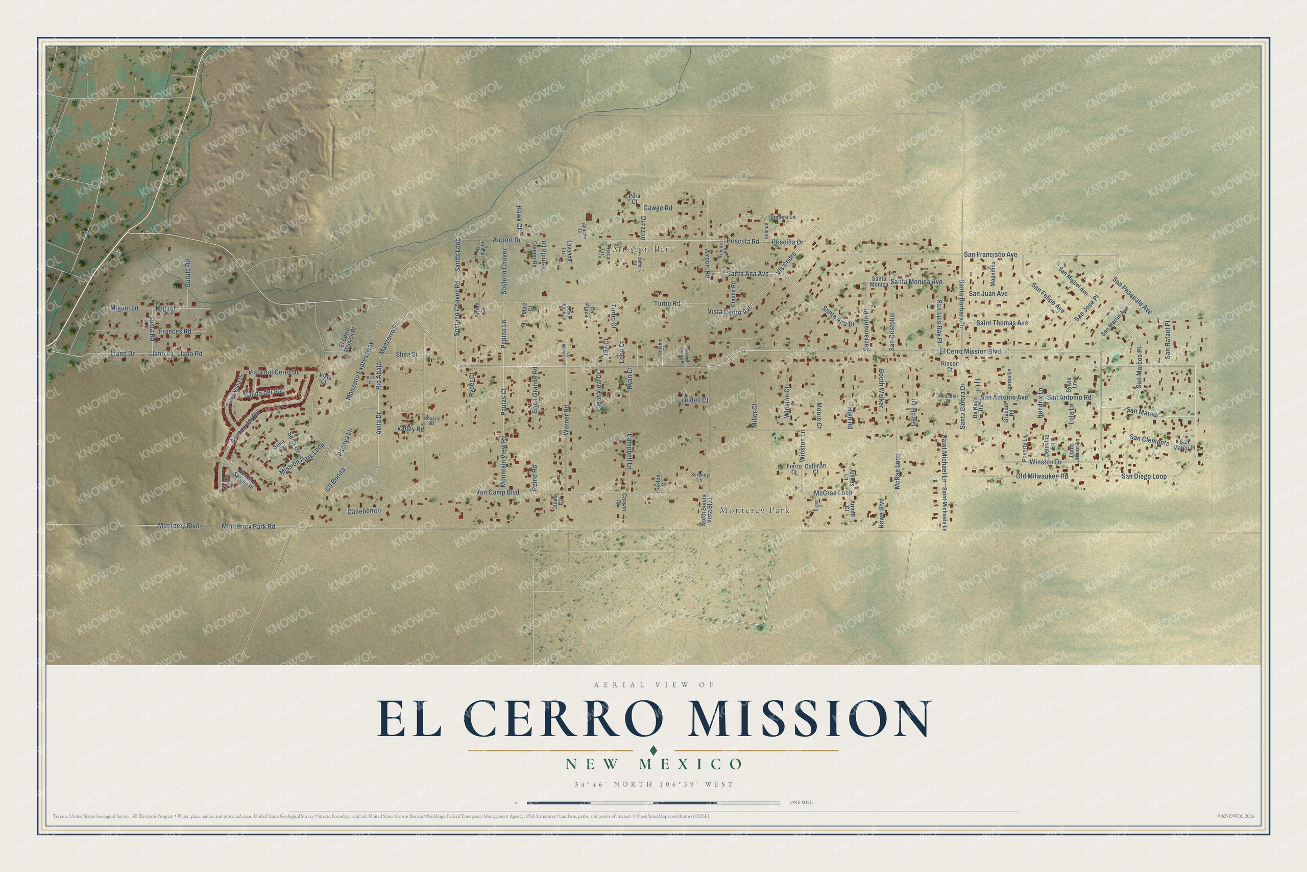 Full map of El Cerro Mission, New Mexico, with red buildings, printed street names and the land around them