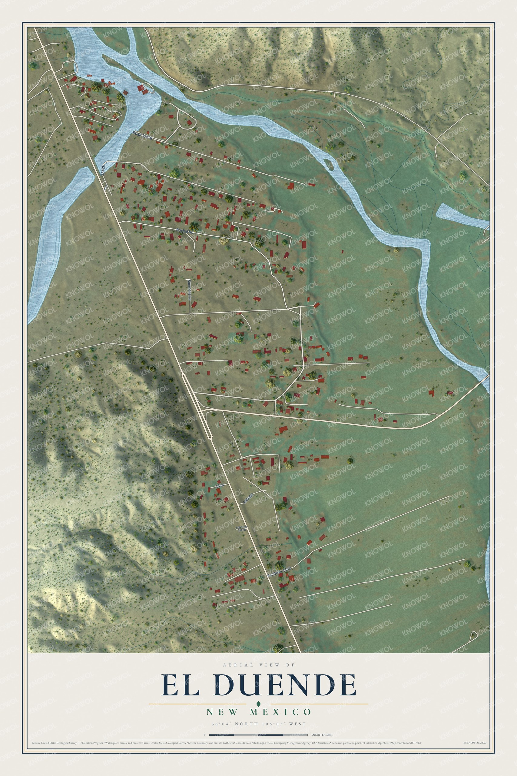 Full map of El Duende, New Mexico, with red buildings, printed street names and the land around them