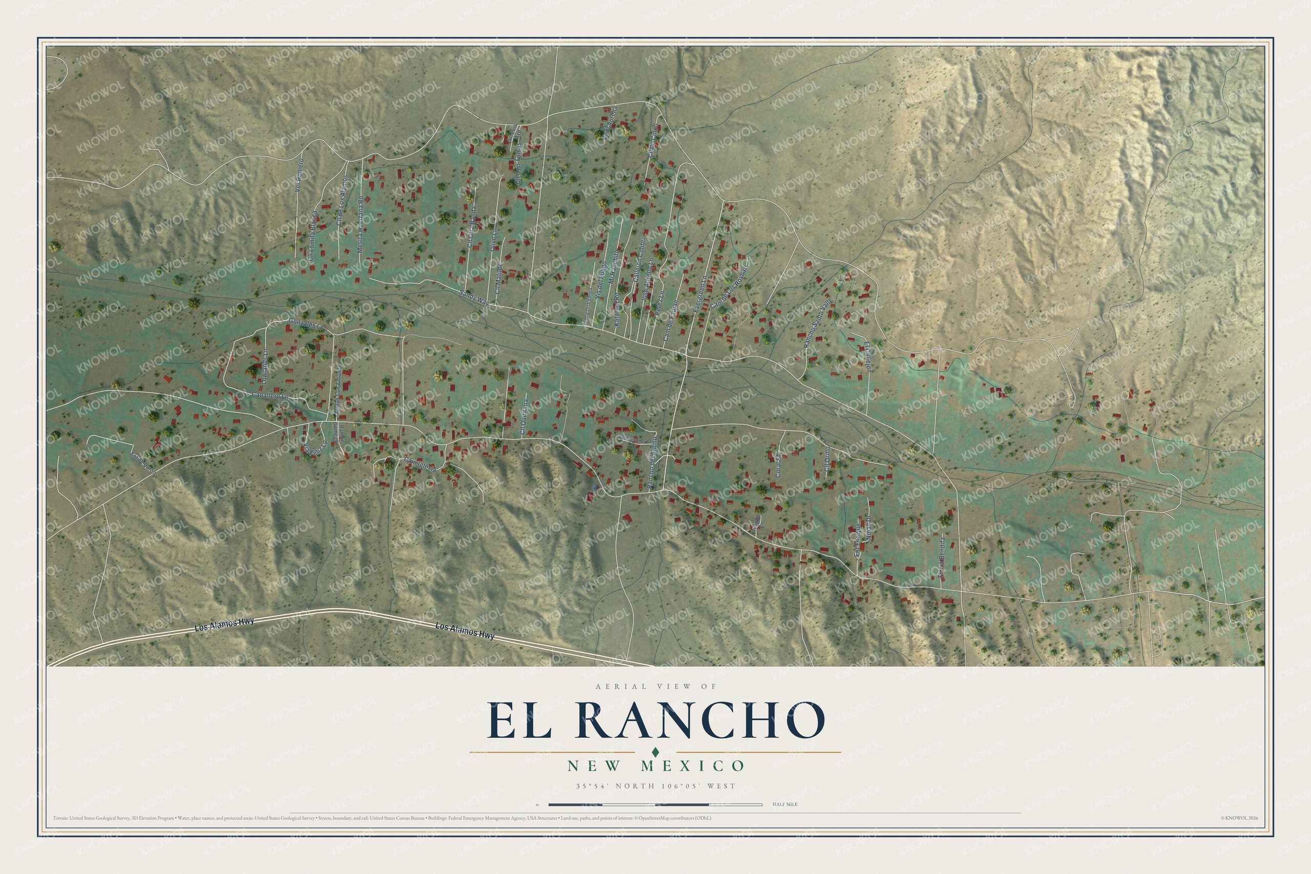 Full map of El Rancho, New Mexico, with red buildings, printed street names and the land around them