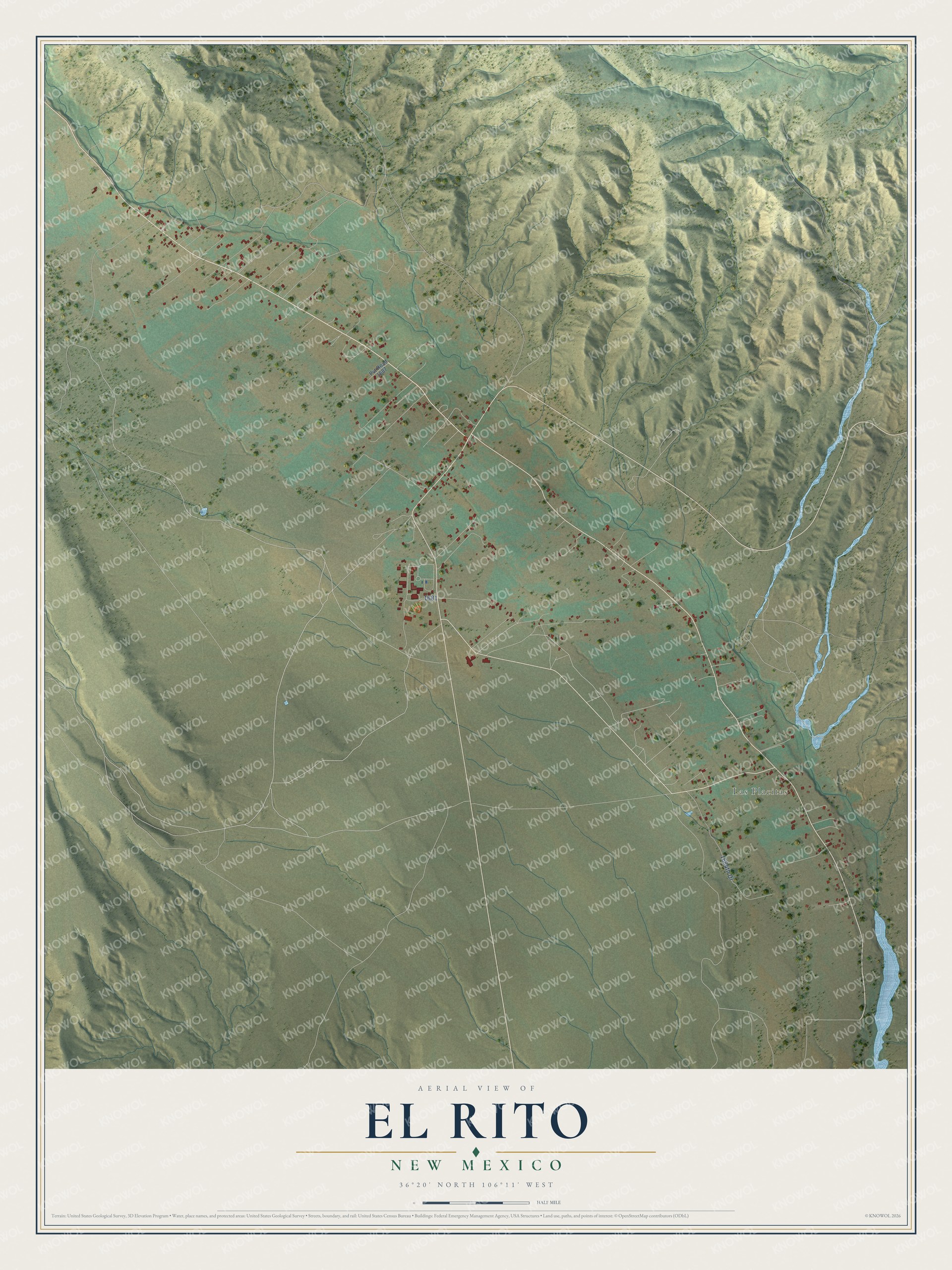 Full map of El Rito, New Mexico, with red buildings, printed street names and the land around them