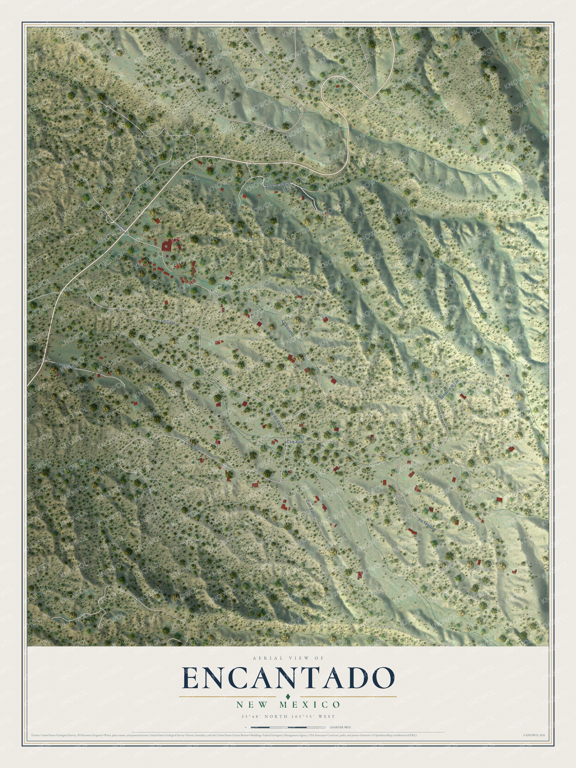 Full map of Encantado, New Mexico, with red buildings, printed street names and the land around them