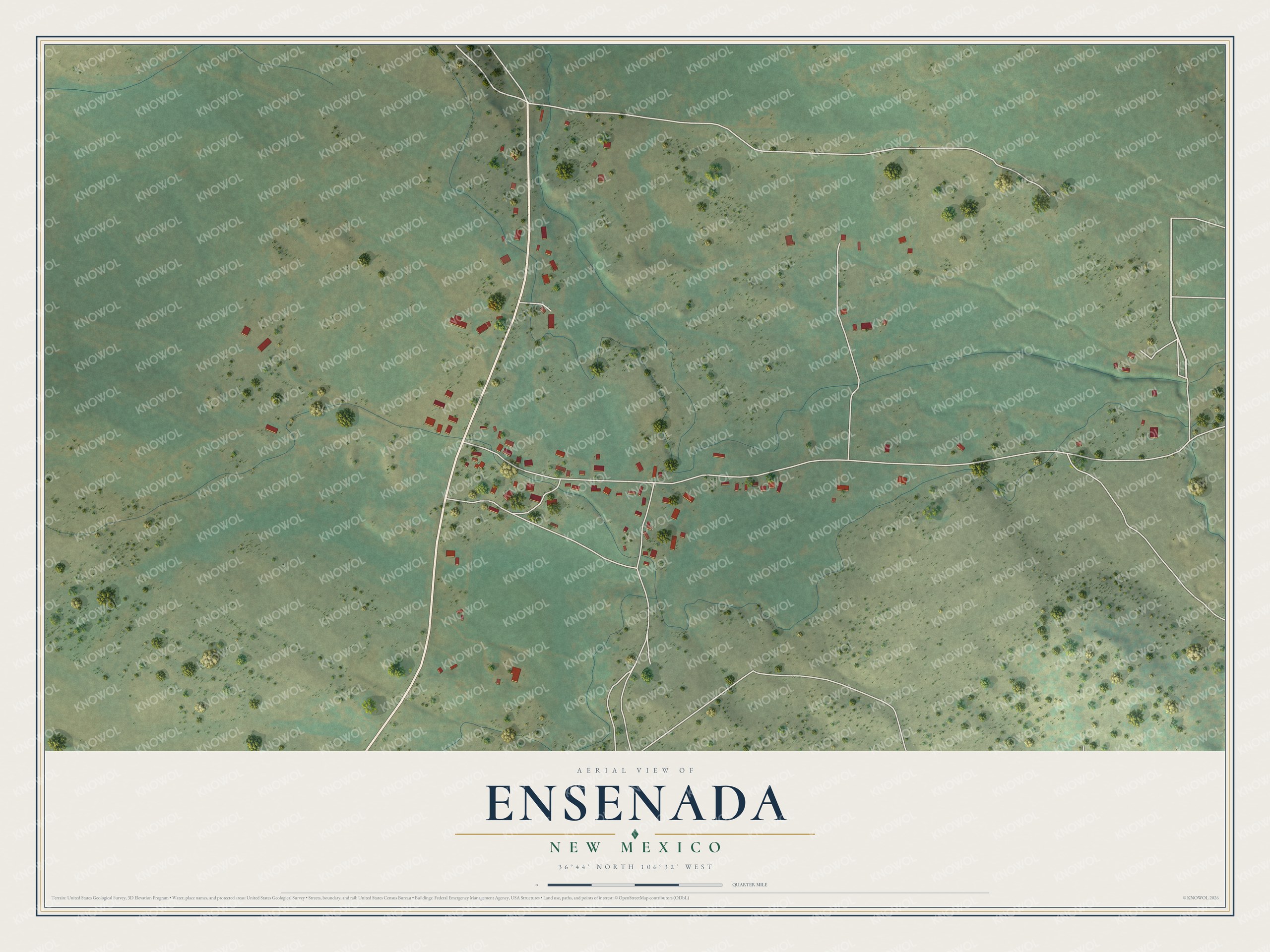 Full map of Ensenada, New Mexico, with red buildings, printed street names and the land around them