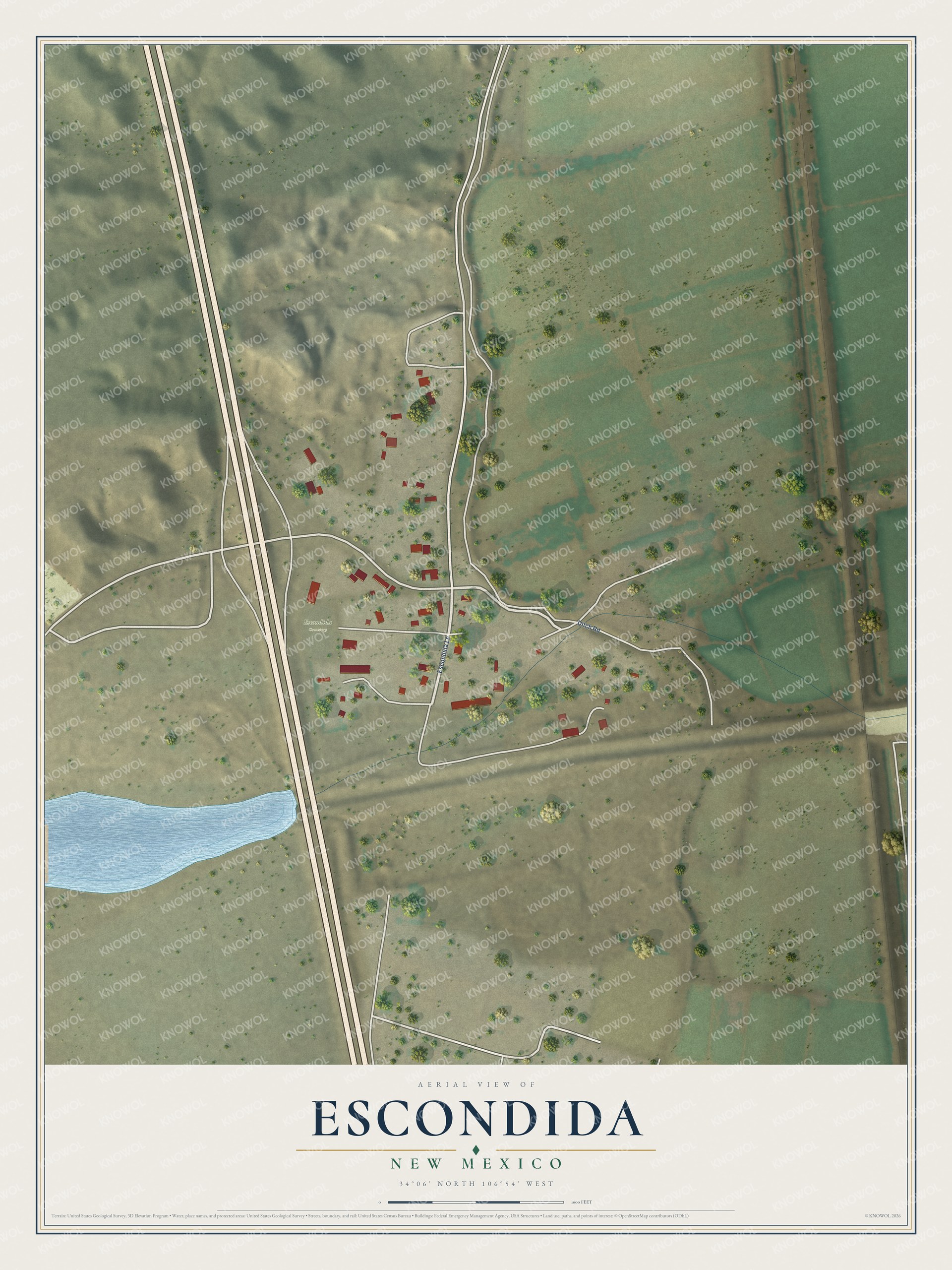 Full map of Escondida, New Mexico, with red buildings, printed street names and the land around them