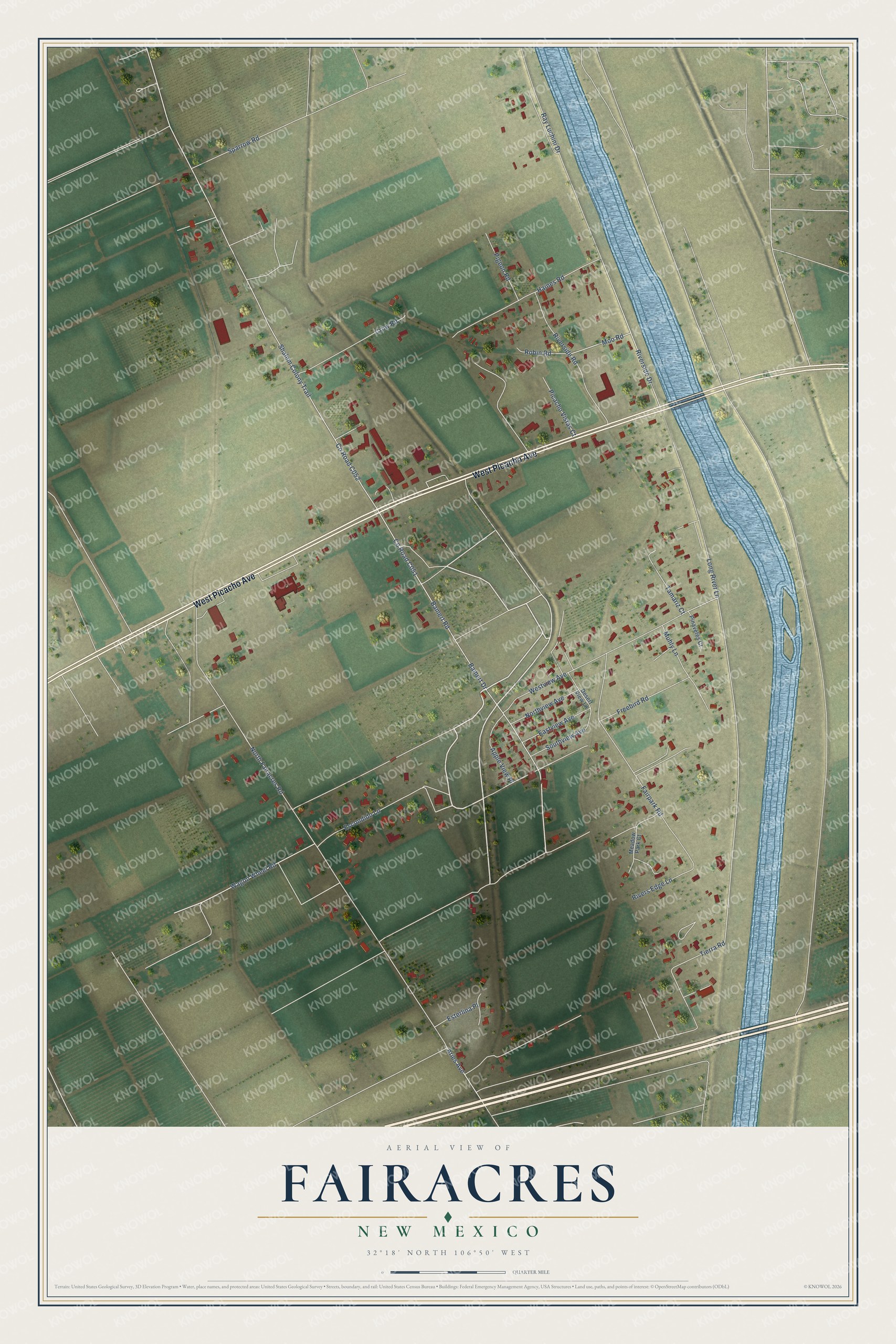 Full map of Fairacres, New Mexico, with red buildings, printed street names and the land around them