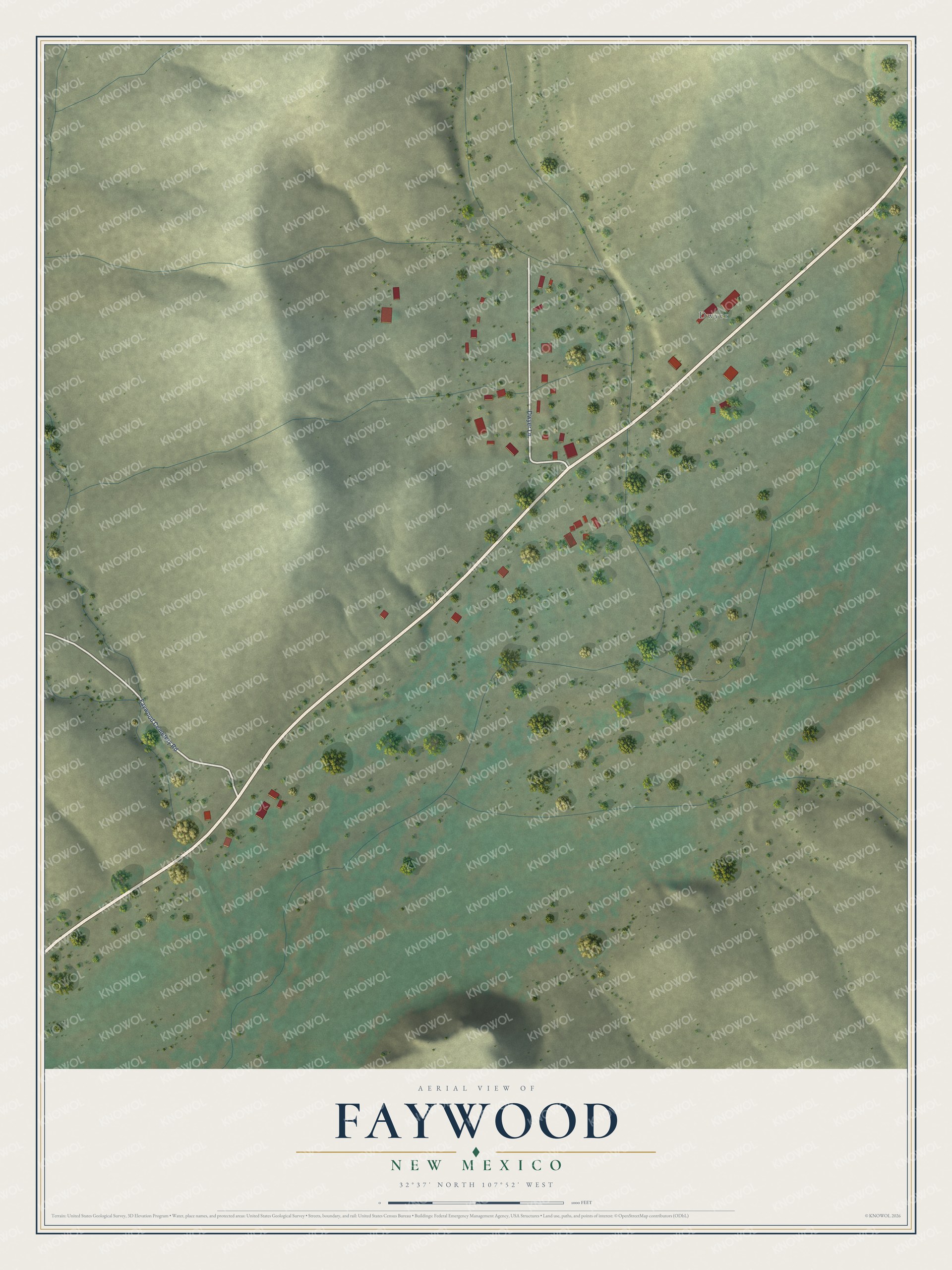 Full map of Faywood, New Mexico, with red buildings, printed street names and the land around them