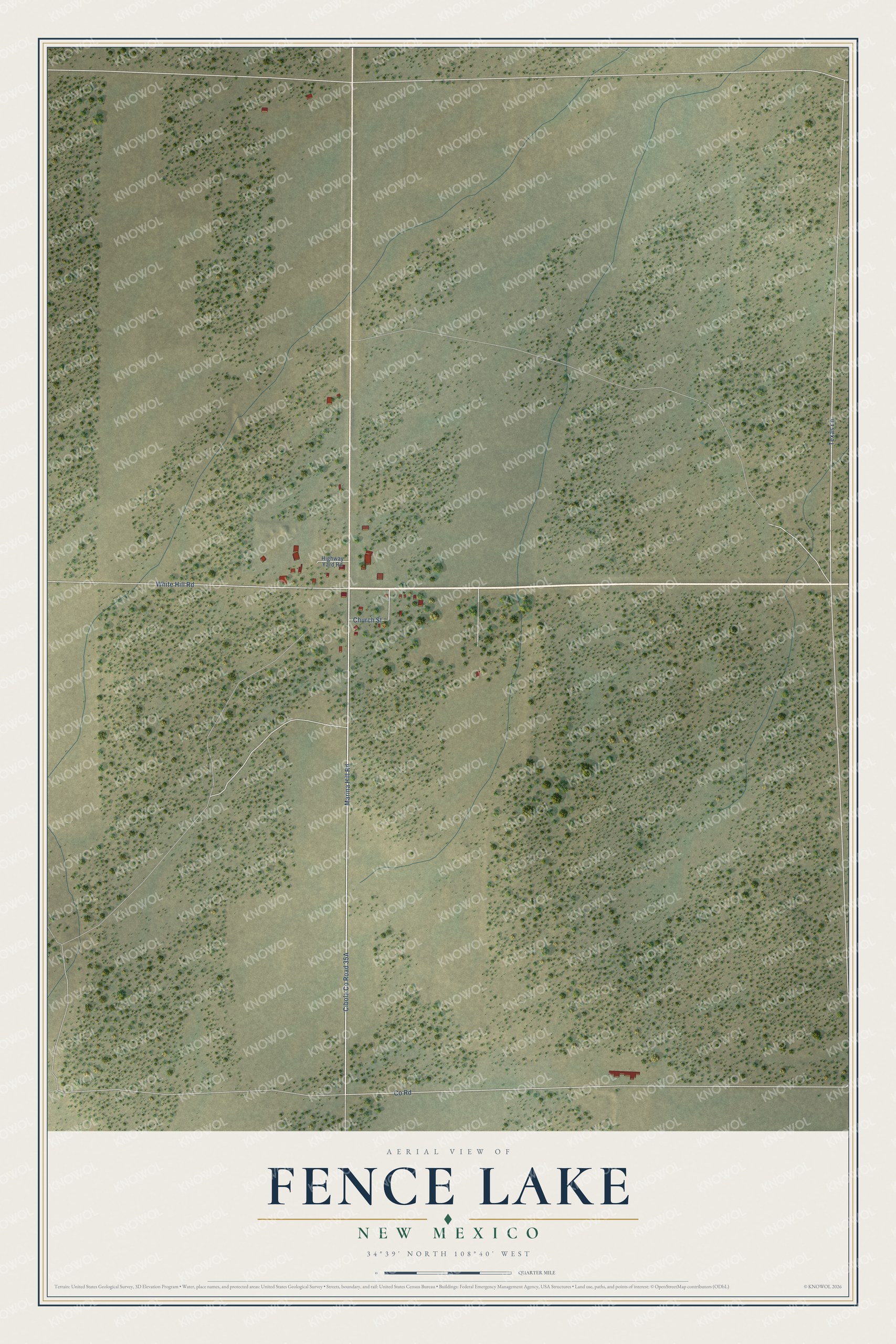 Full map of Fence Lake, New Mexico, with red buildings, printed street names and the land around them