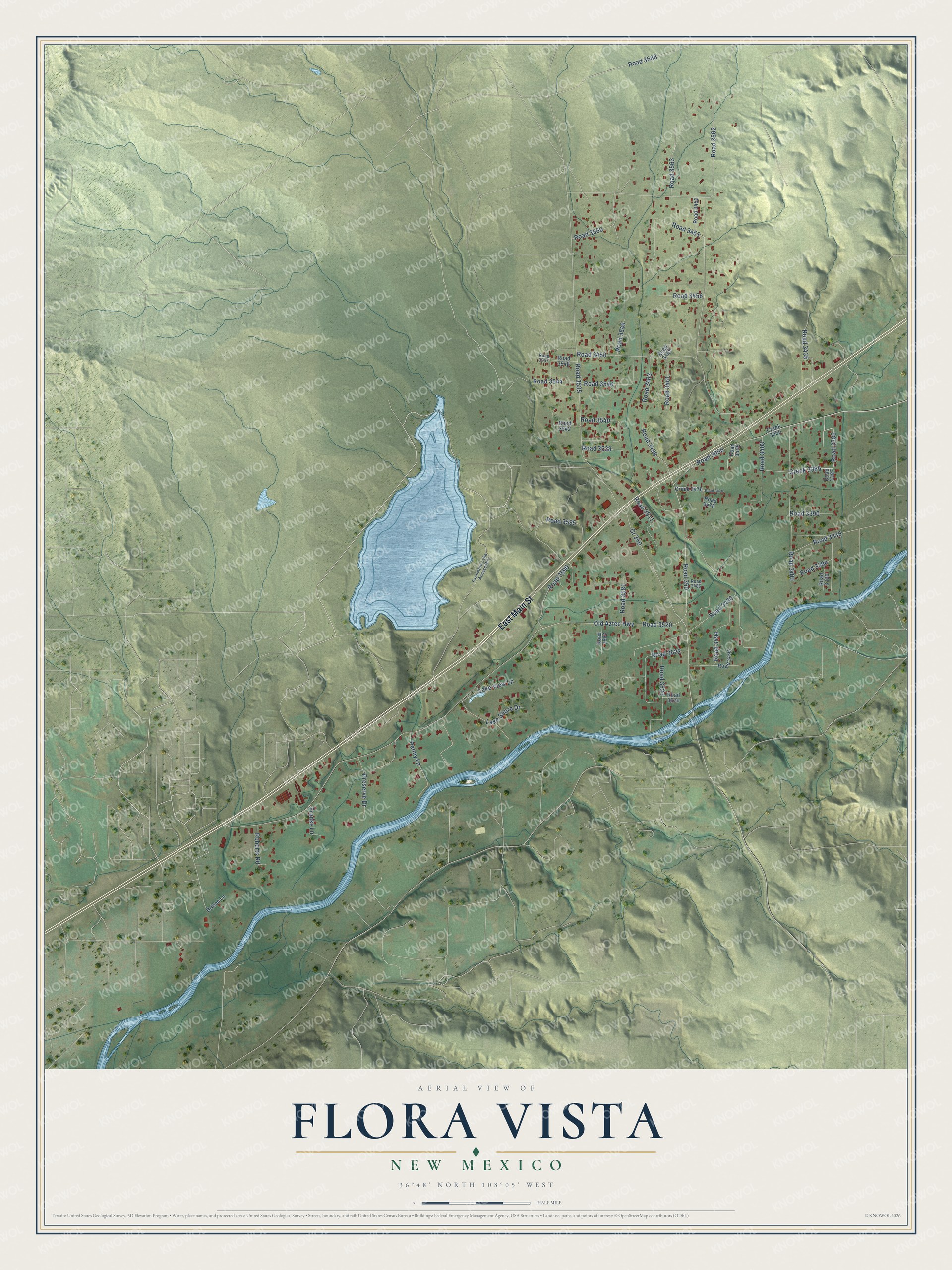 Full map of Flora Vista, New Mexico, with red buildings, printed street names and the land around them
