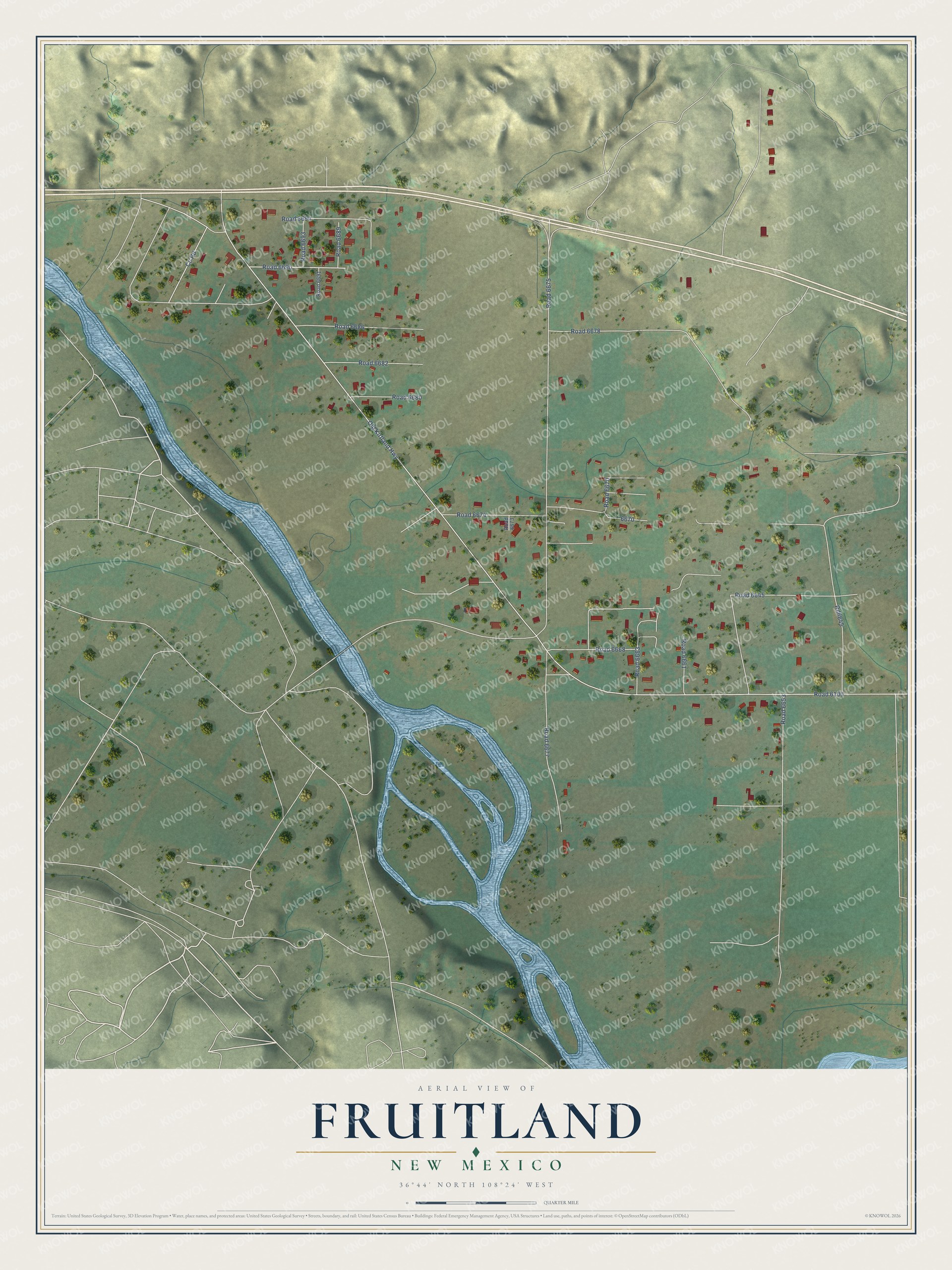 Full map of Fruitland, New Mexico, with red buildings, printed street names and the land around them