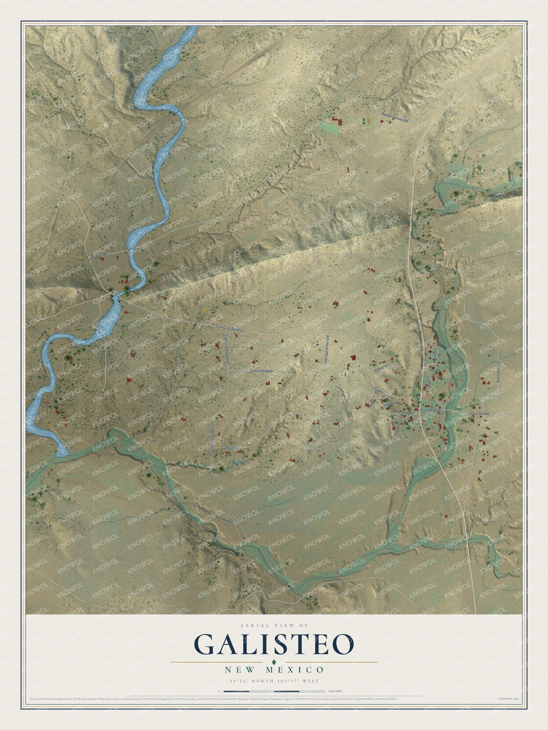 Full map of Galisteo, New Mexico, with red buildings, printed street names and the land around them