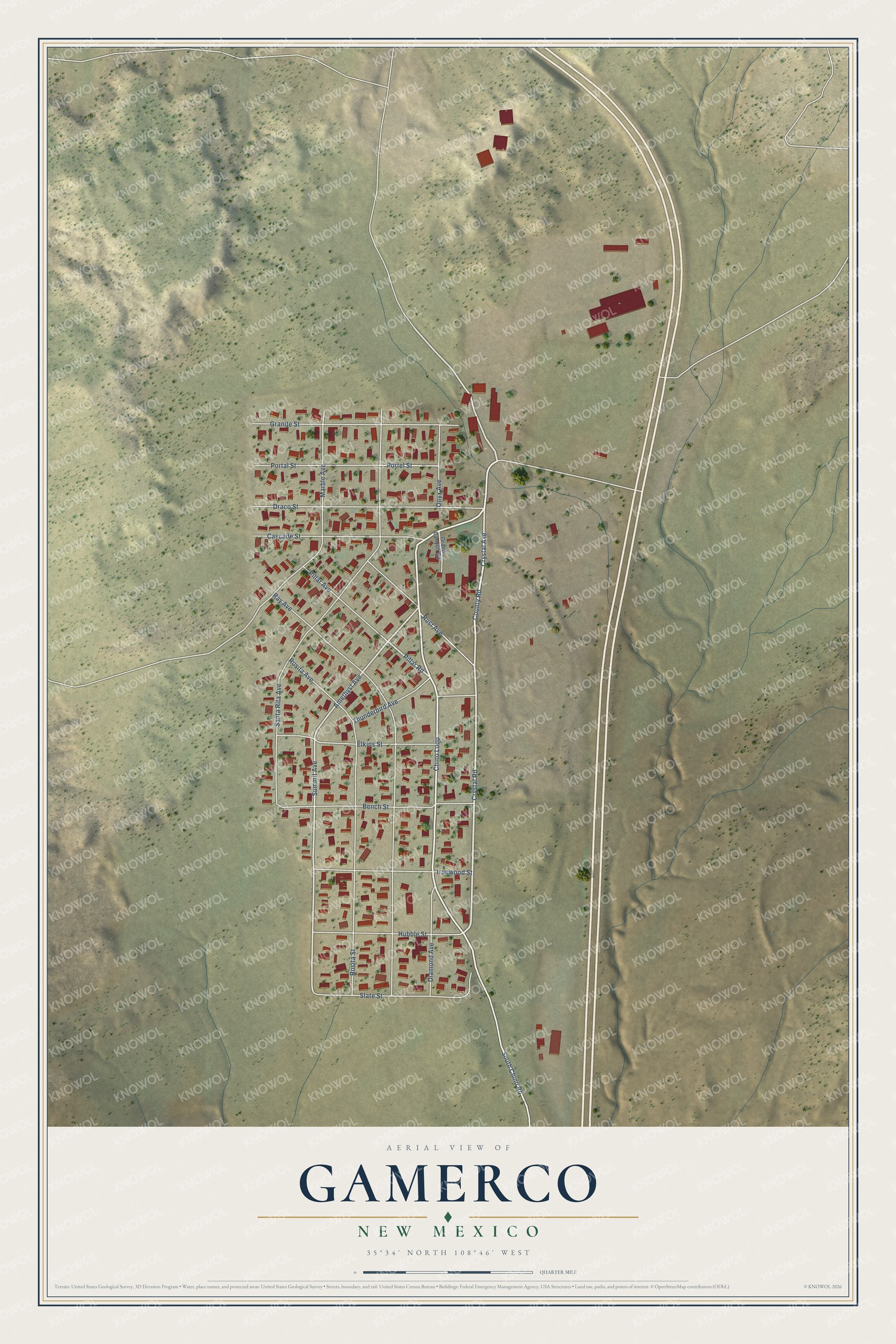 Full map of Gamerco, New Mexico, with red buildings, printed street names and the land around them