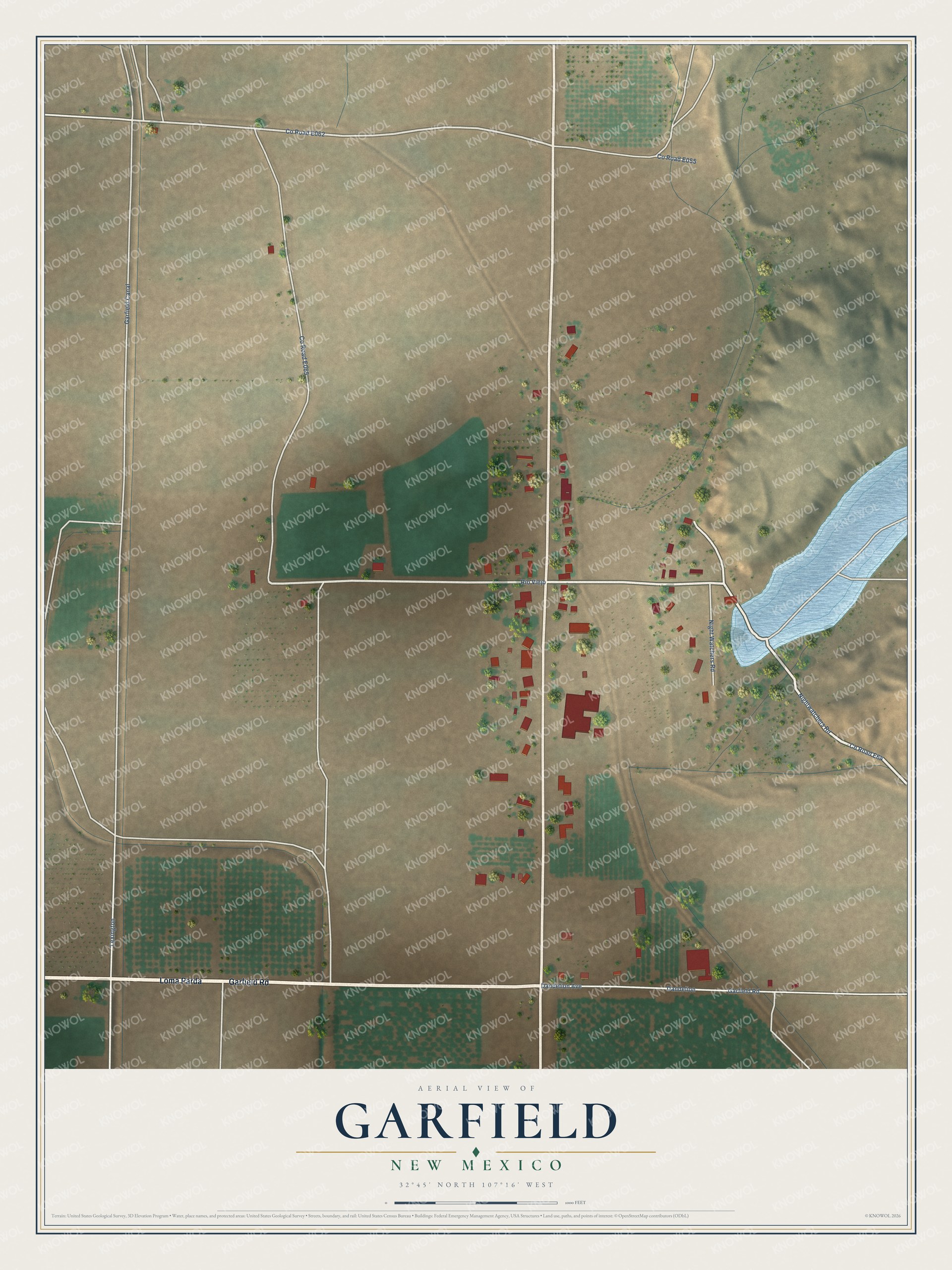 Full map of Garfield, New Mexico, with red buildings, printed street names and the land around them