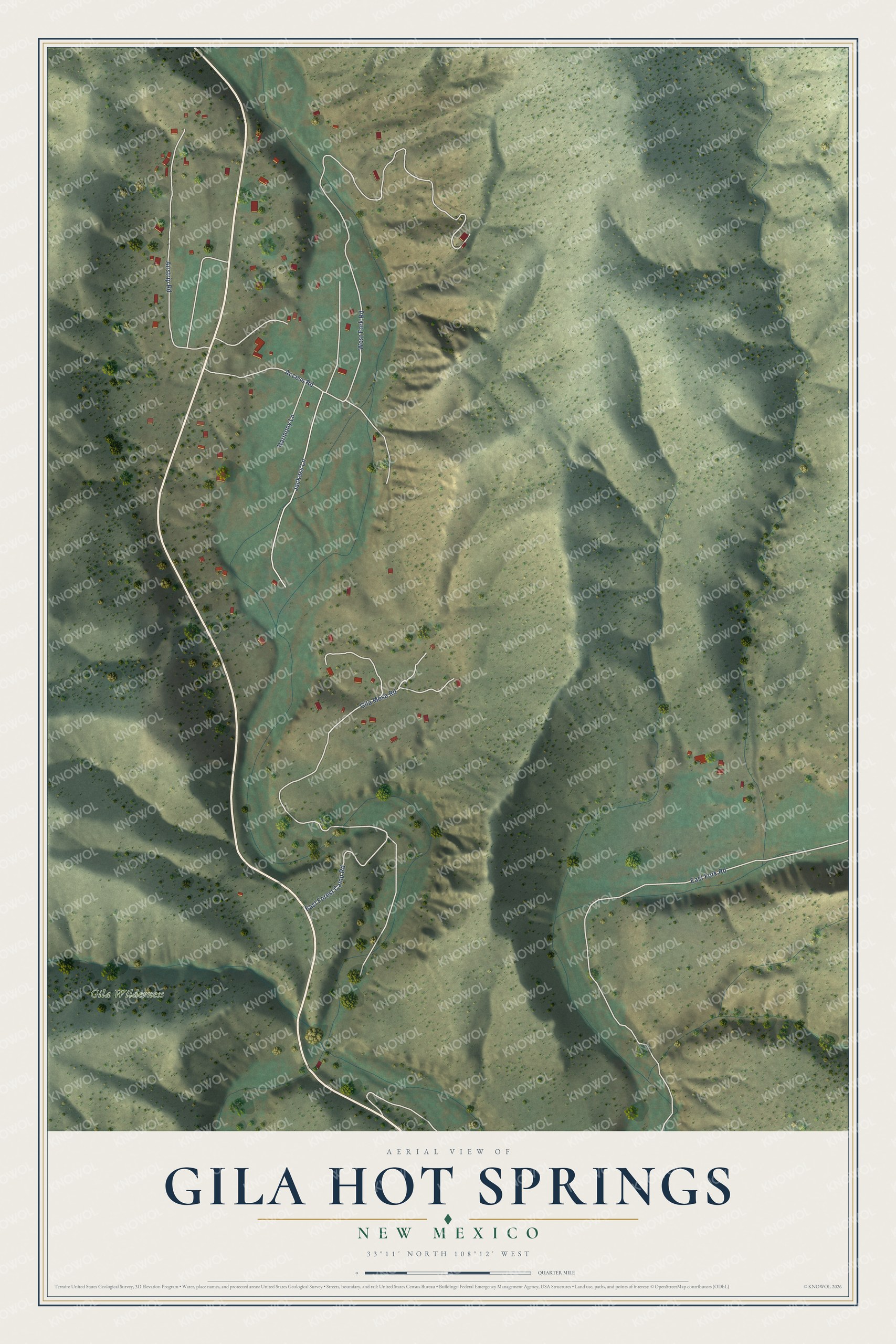 Full map of Gila Hot Springs, New Mexico, with red buildings, printed street names and the land around them