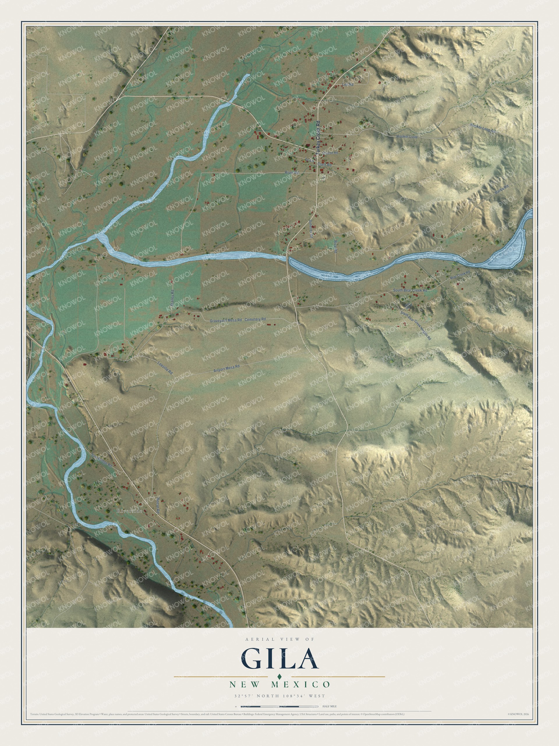 Full map of Gila, New Mexico, with red buildings, printed street names and the land around them