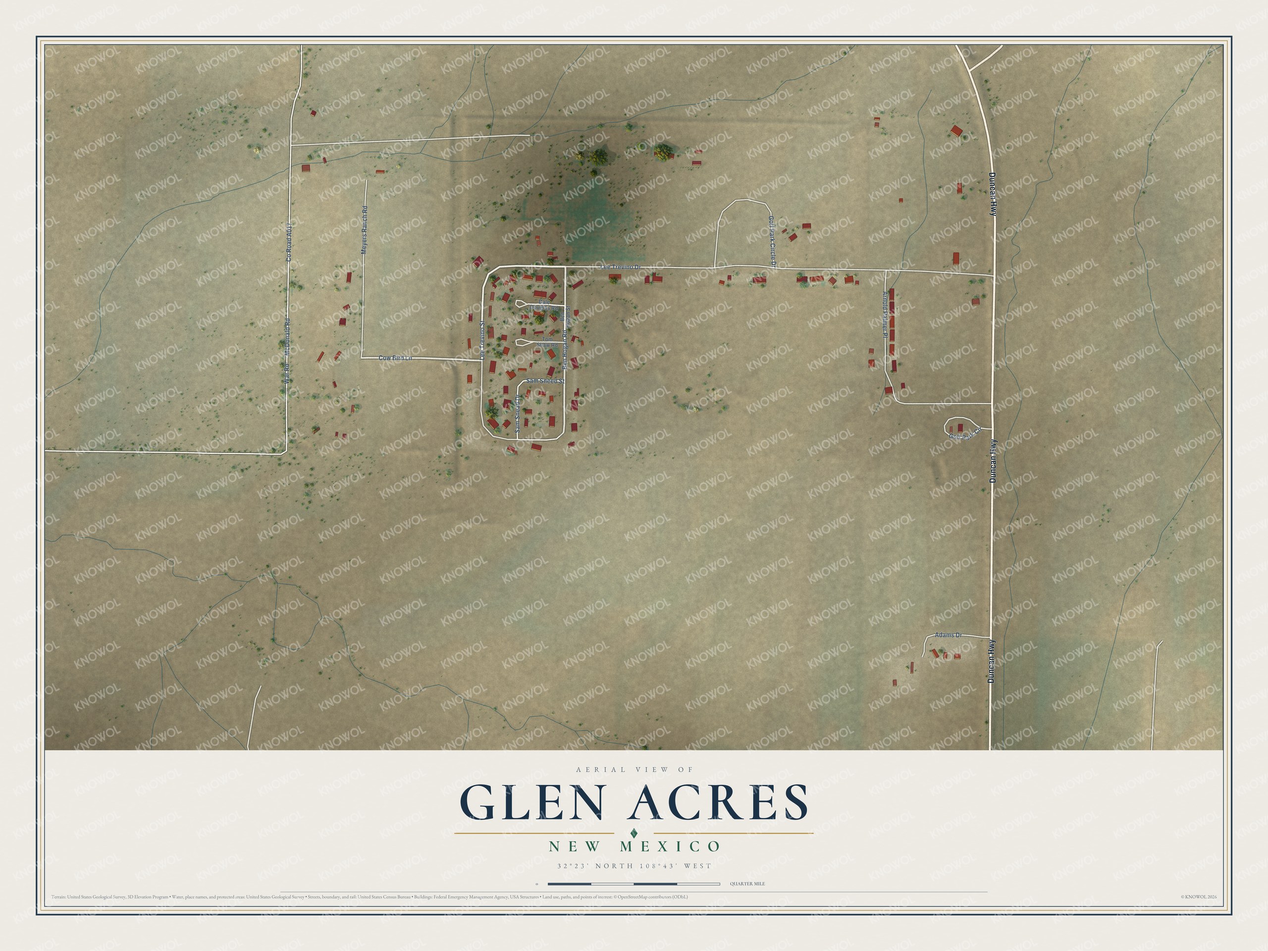 Full map of Glen Acres, New Mexico, with red buildings, printed street names and the land around them