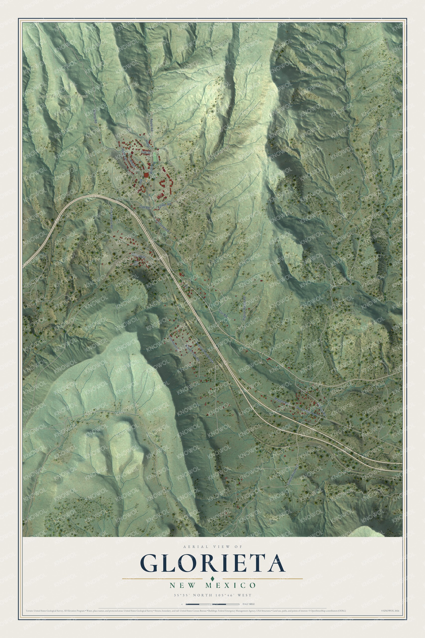 Full map of Glorieta, New Mexico, with red buildings, printed street names and the land around them