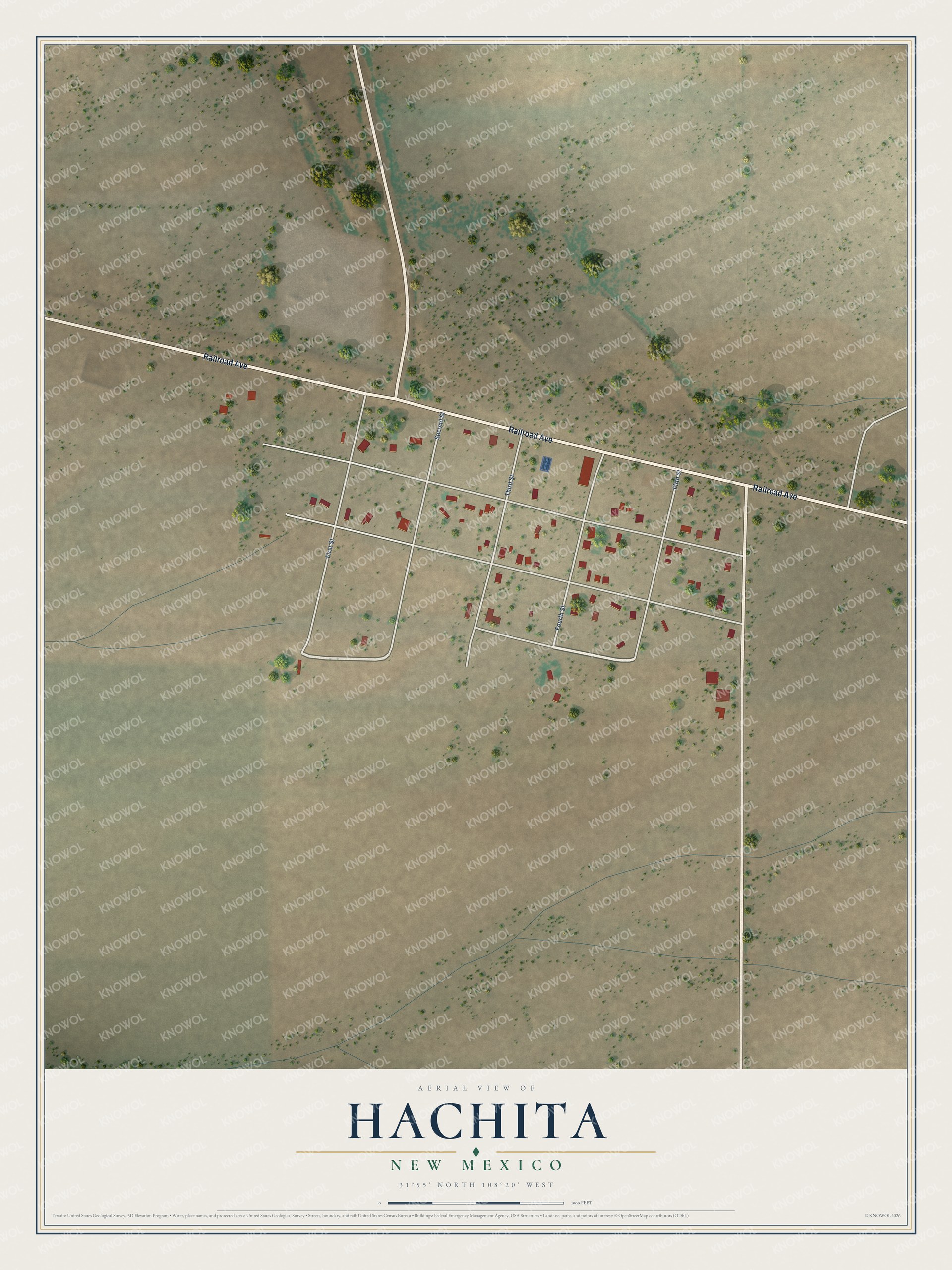 Full map of Hachita, New Mexico, with red buildings, printed street names and the land around them