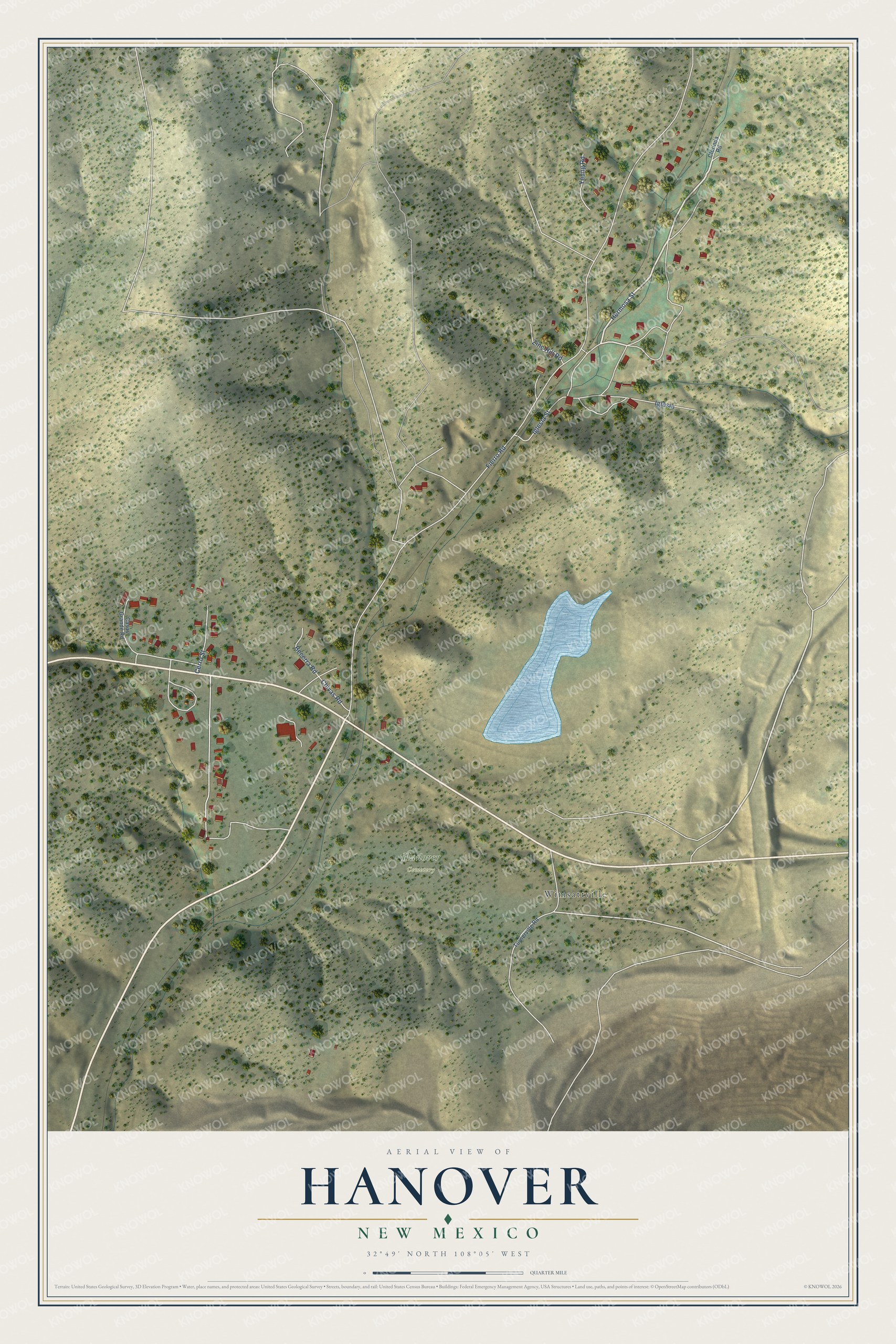 Full map of Hanover, New Mexico, with red buildings, printed street names and the land around them