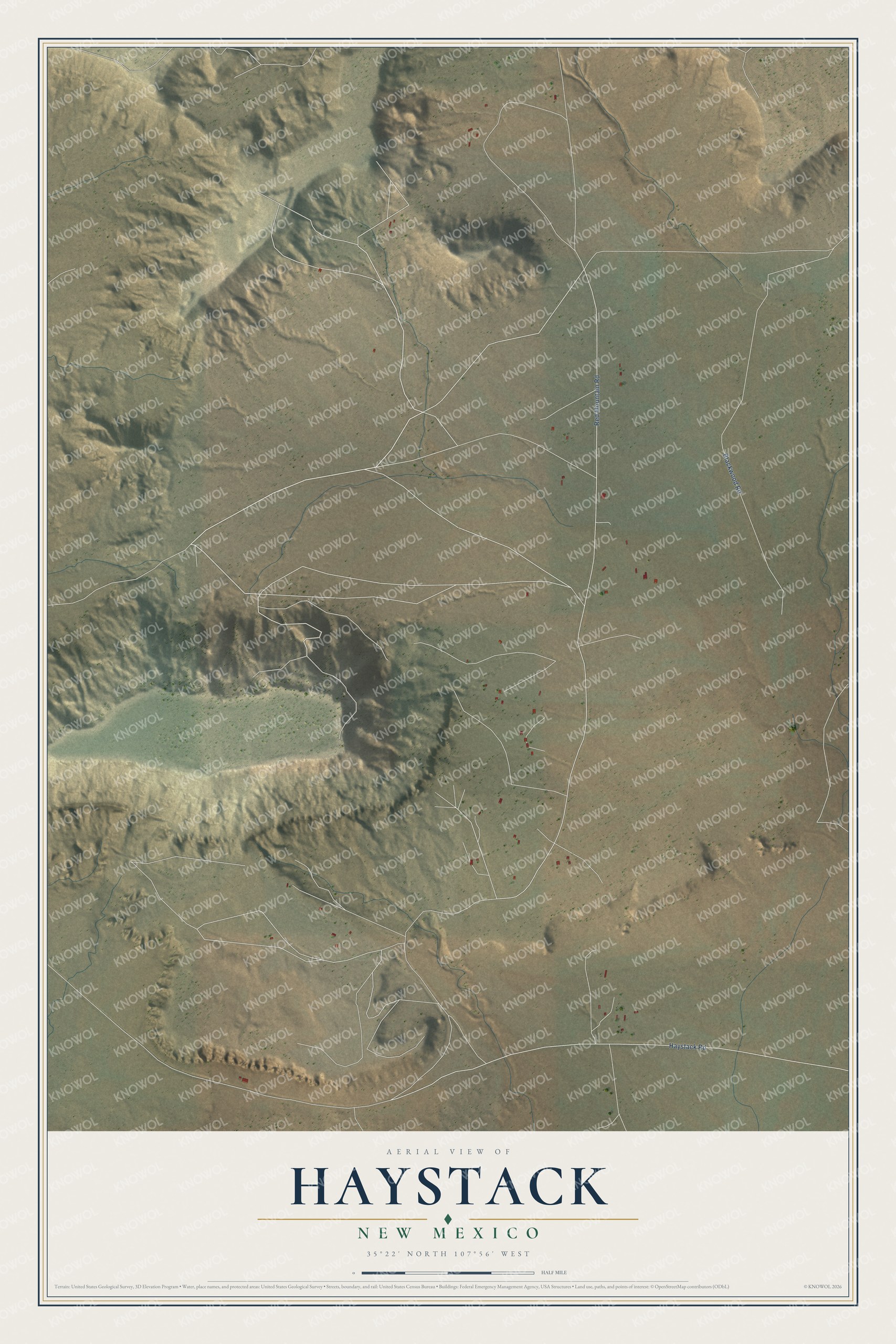 Full map of Haystack, New Mexico, with red buildings, printed street names and the land around them