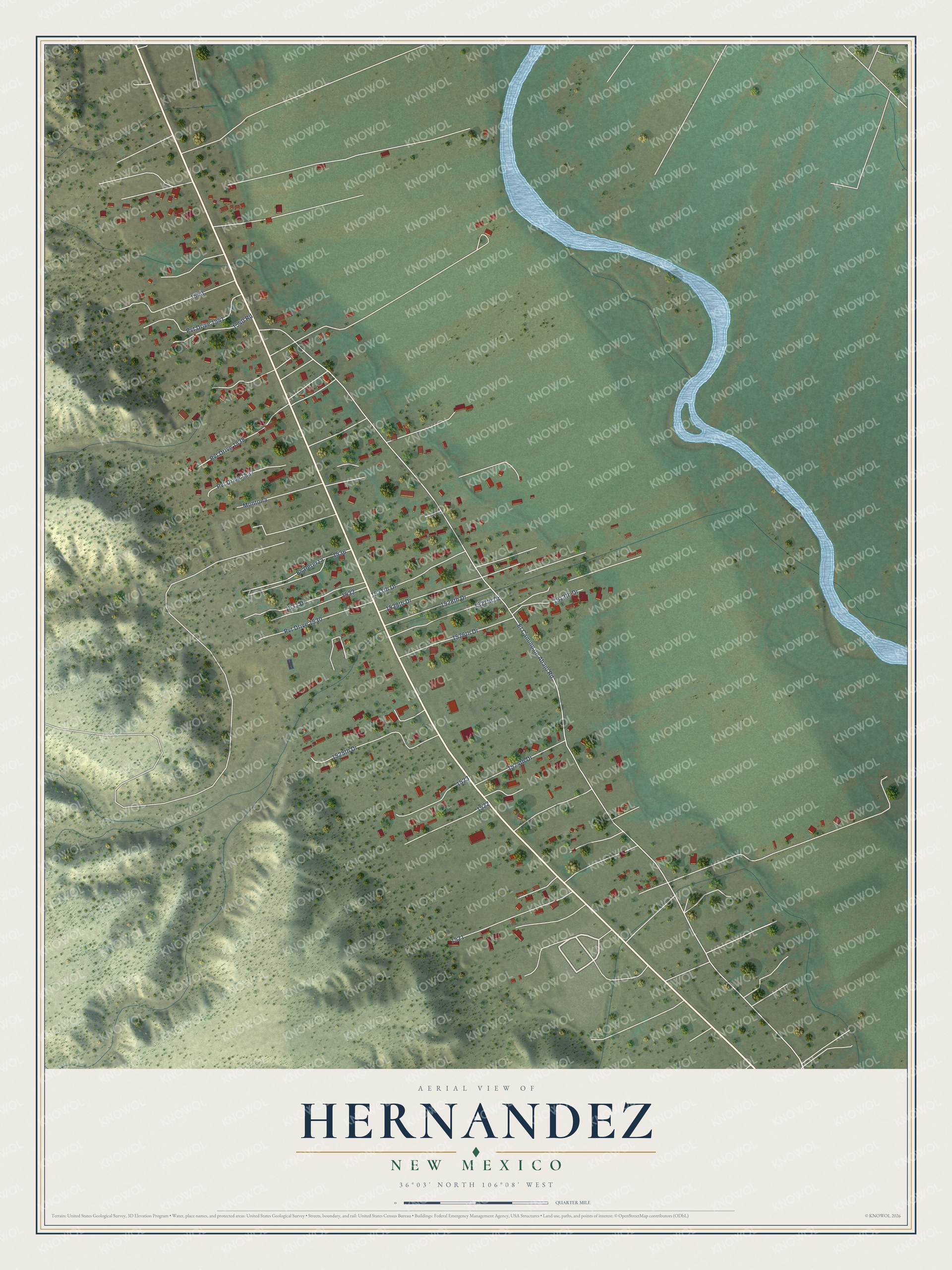 Full map of Hernandez, New Mexico, with red buildings, printed street names and the land around them