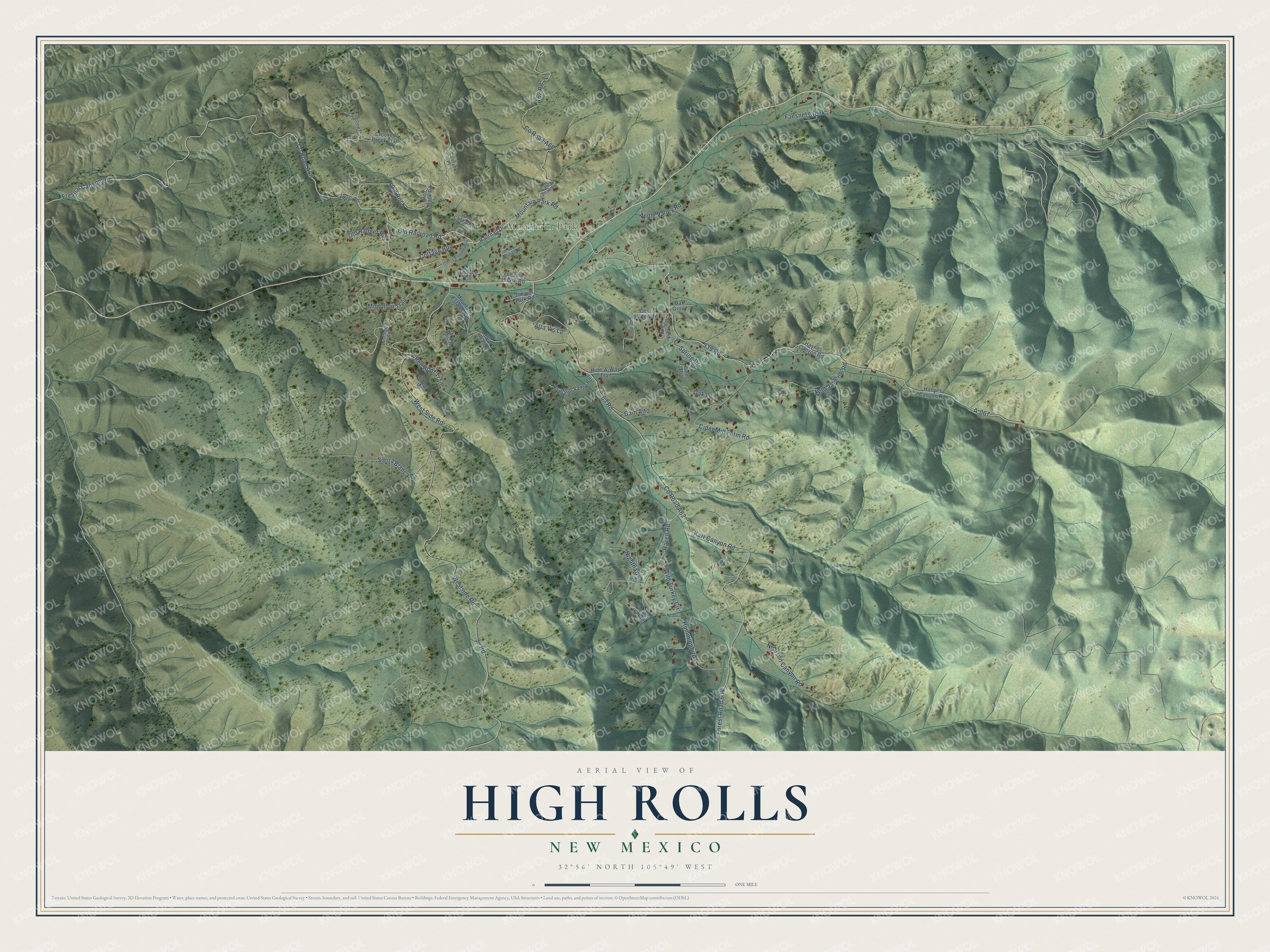 Full map of High Rolls, New Mexico, with red buildings, printed street names and the land around them