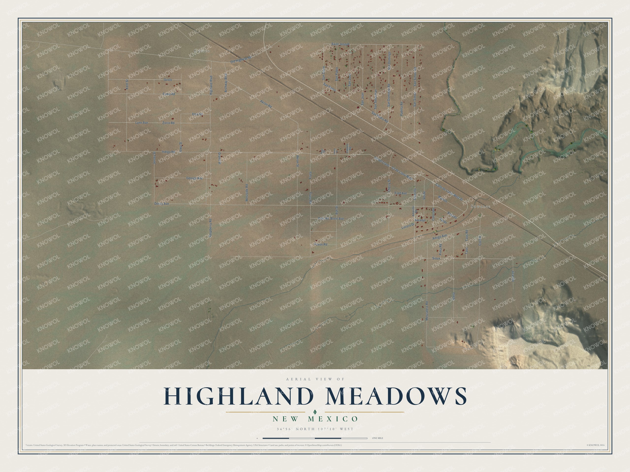 Full map of Highland Meadows, New Mexico, with red buildings, printed street names and the land around them
